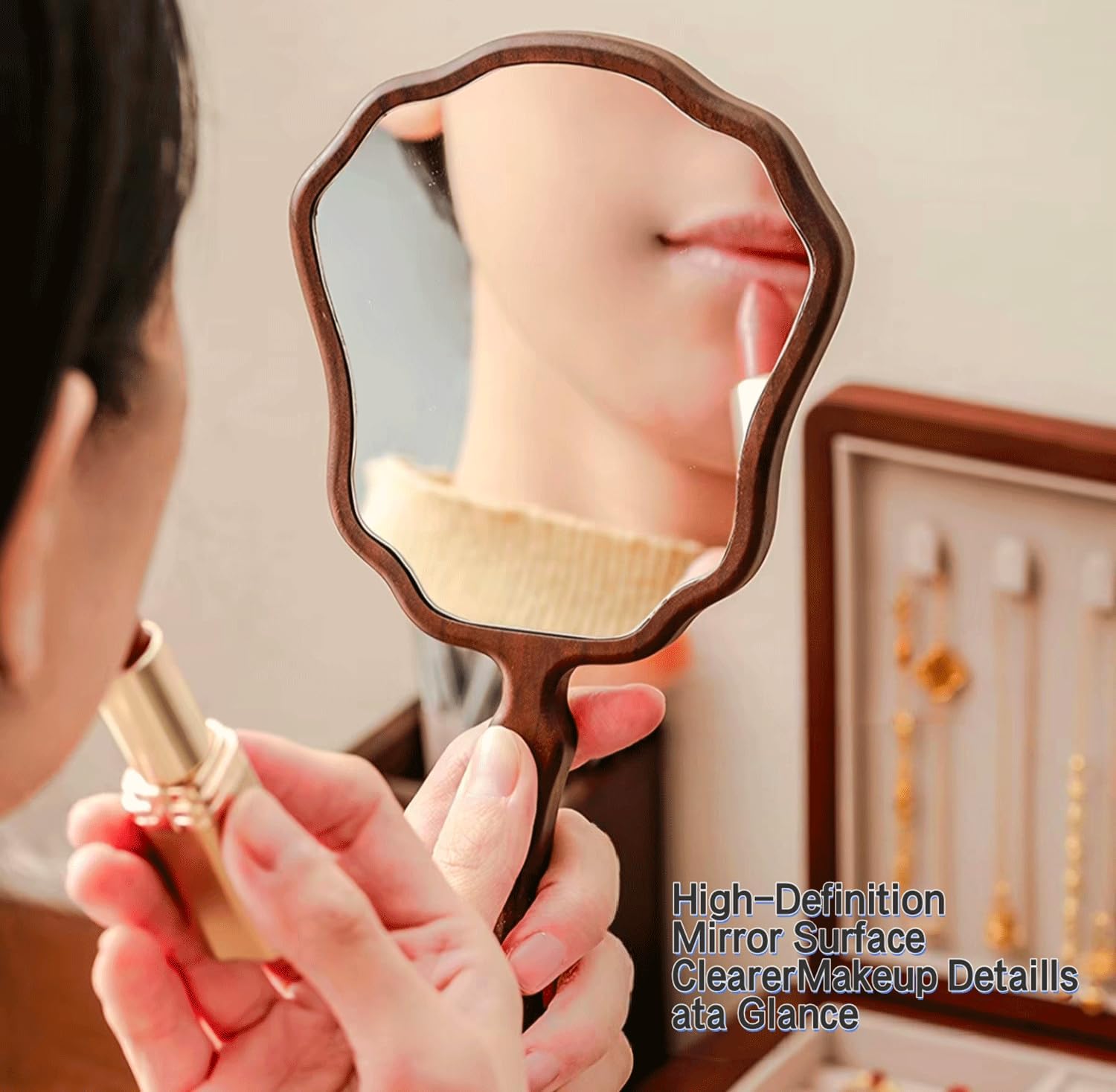 Wooden Hand Mirror, Fishtail Handle | Solid Walnut Wood image 2