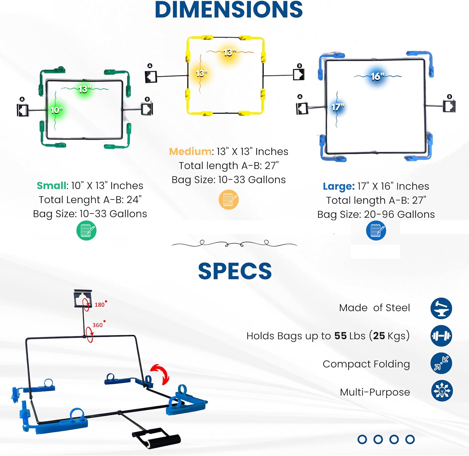 Trash Bag Holder - Set of 3 Small, Medium and Large size. Portable Metal Stand for 13-33 Gallon Garbage Bags. For Camping, Kitchen, RV and Parties Lightweight, Durable, and Compact Trash Can