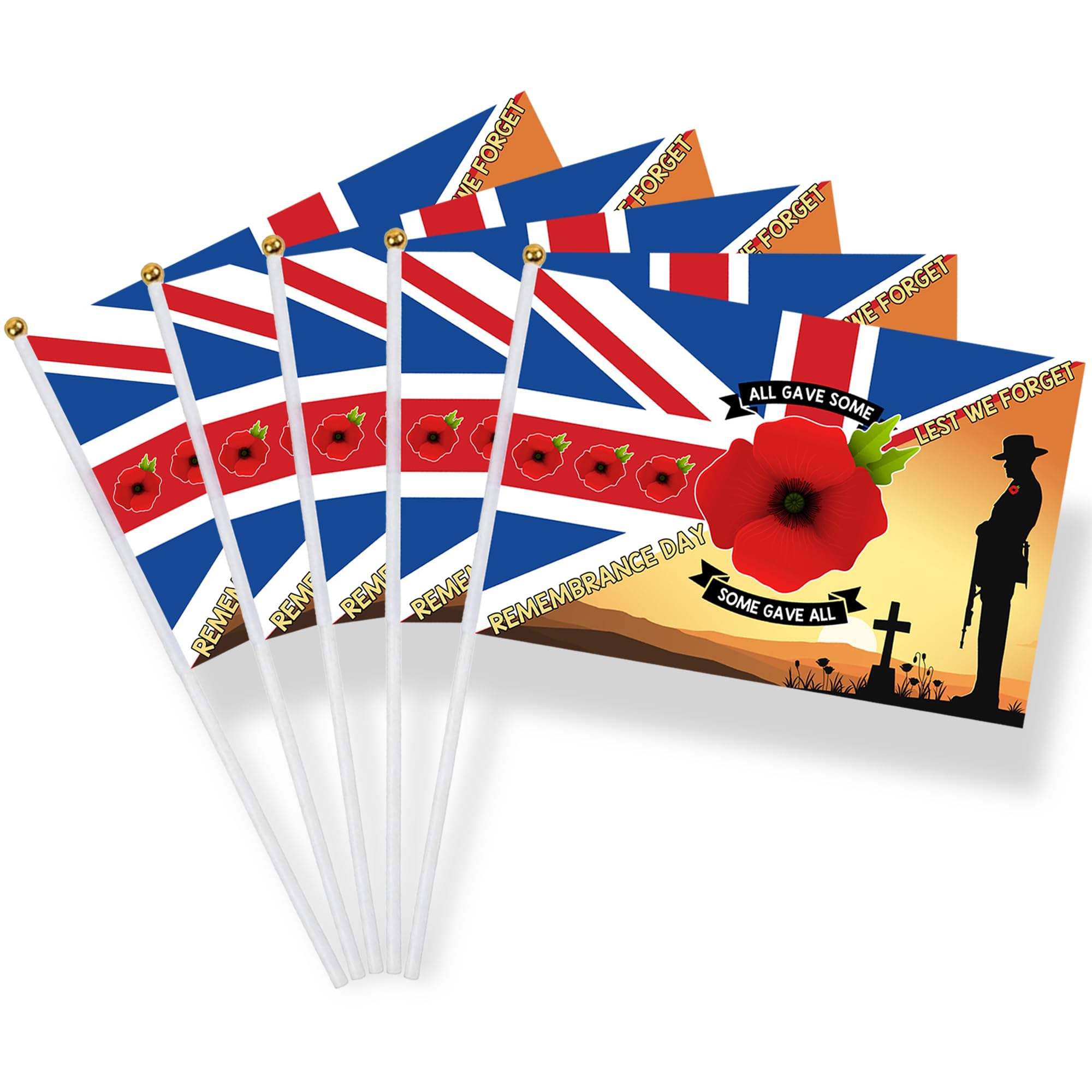 15 Pcs Lest We Forget Flags on Sticks, Remembrance Day Handheld Flags with 30cm White Poles Small Poppy Flags for Garden Street Party and Celebrations (14 x 21 cm)