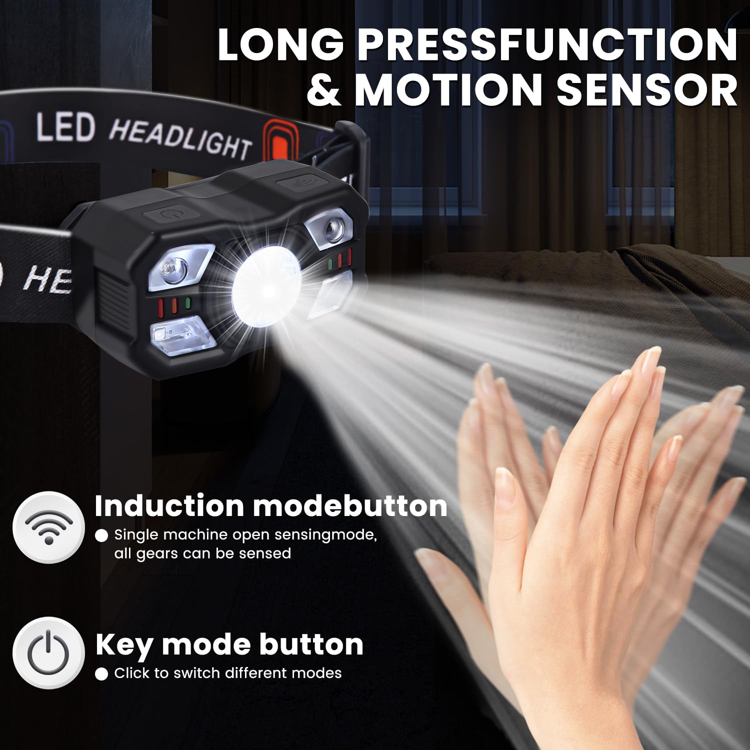 Linterna Frontal LED Recargable 2 Pack,Superbrillantes Linterna Cabeza LED Recargables con Sensor de Movimiento y Ajustable Ángulo, Luz Frontal Cabeza para Correr, Camping, Excursión, Pesca