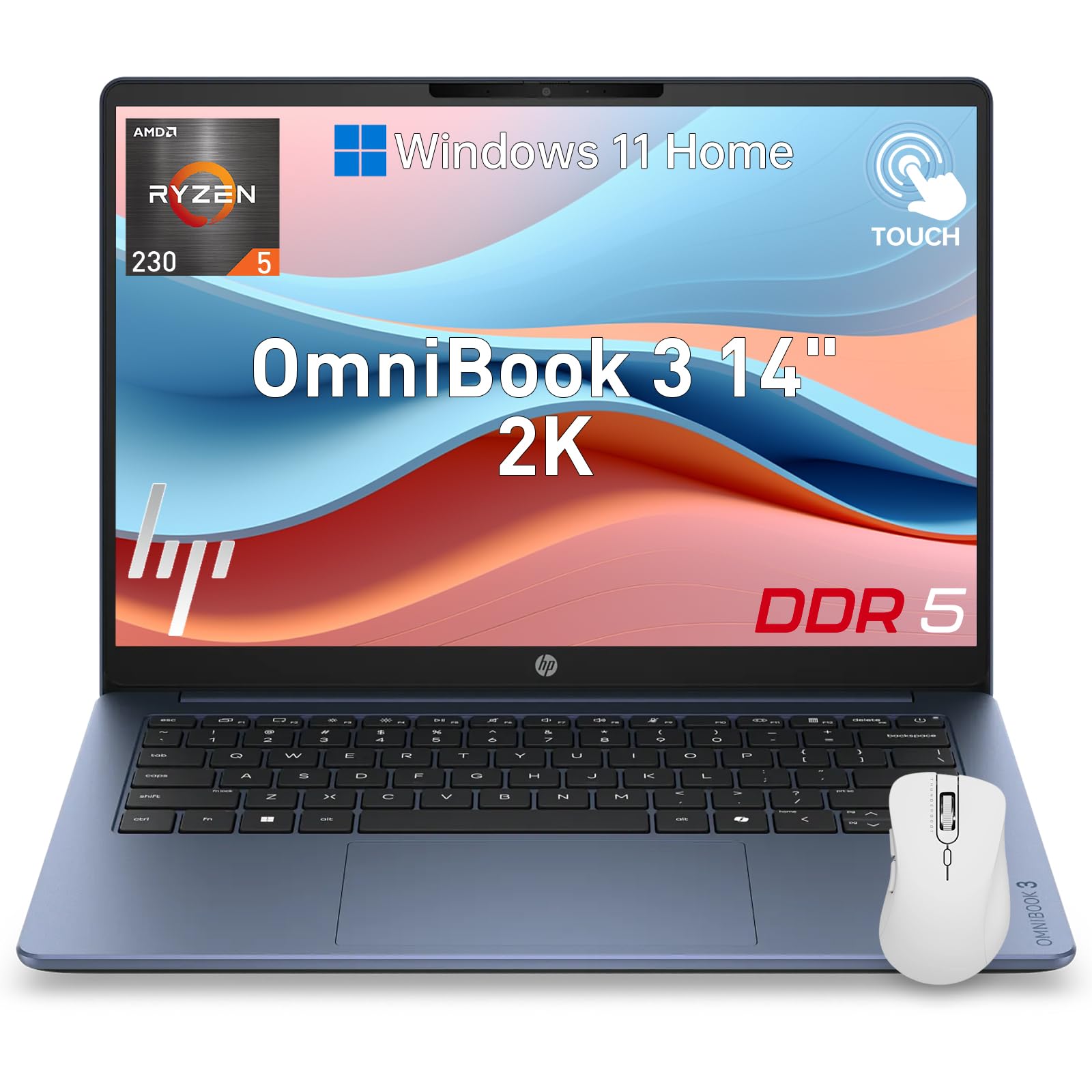 HP OmniBook 3 14" 2K Touchscreen Laptop, Ryzen 5, 32GB DDR5 RAM, 2TB SSD