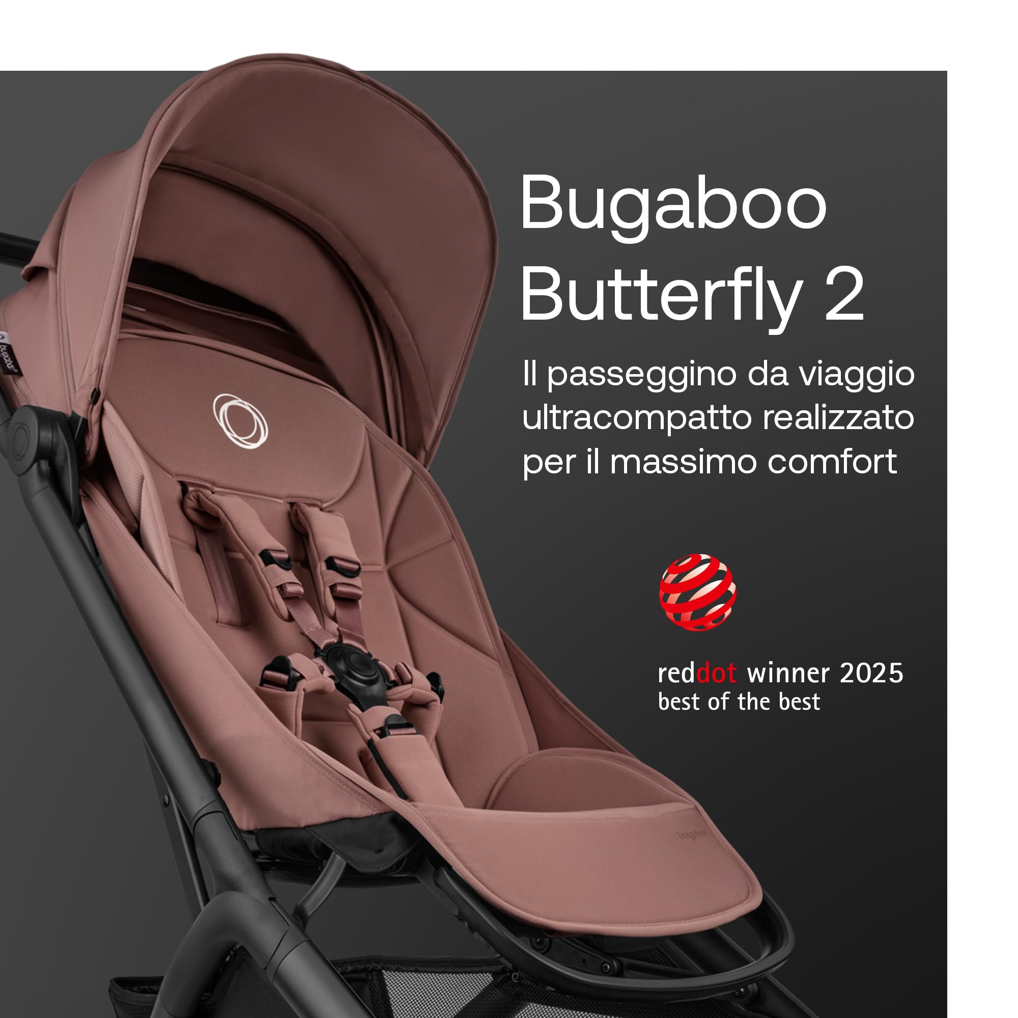 Bugaboo Butterfly 2 Passeggino da Viaggio – Sistemi Modulari con Maniglione e Parapioggia – Leggero, Piegabile con Una Mano, Seduta Reclinabile, Da 6 Mesi a 4 Anni – Dusty Pink