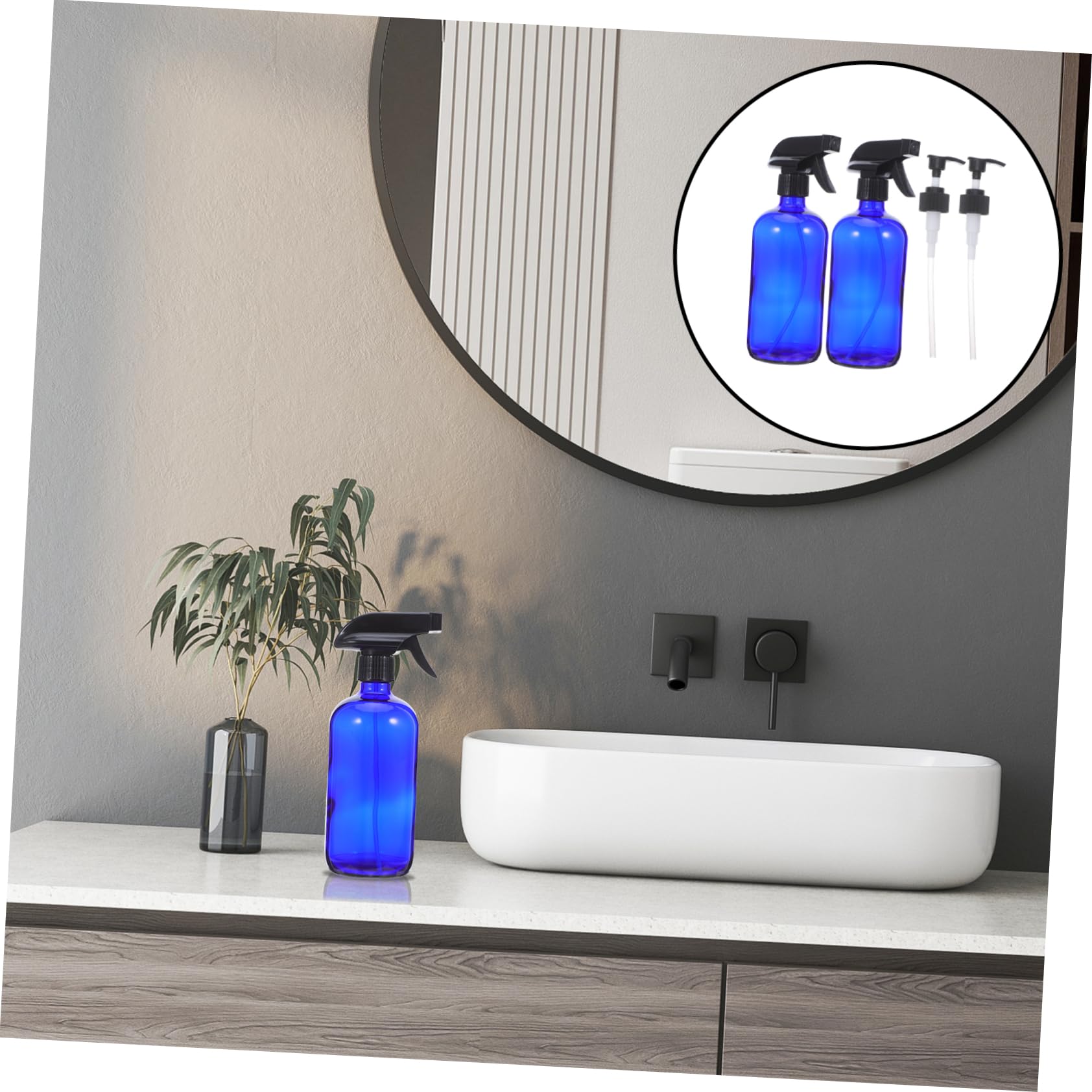 OUNONA Bottiglia Spray in Vetro Blu da 500ml Ricaricabile, 2 Pezzi | Pompa e Tappi Inclusi, per Viaggio e Profumo, Leggero e Riutilizzabile