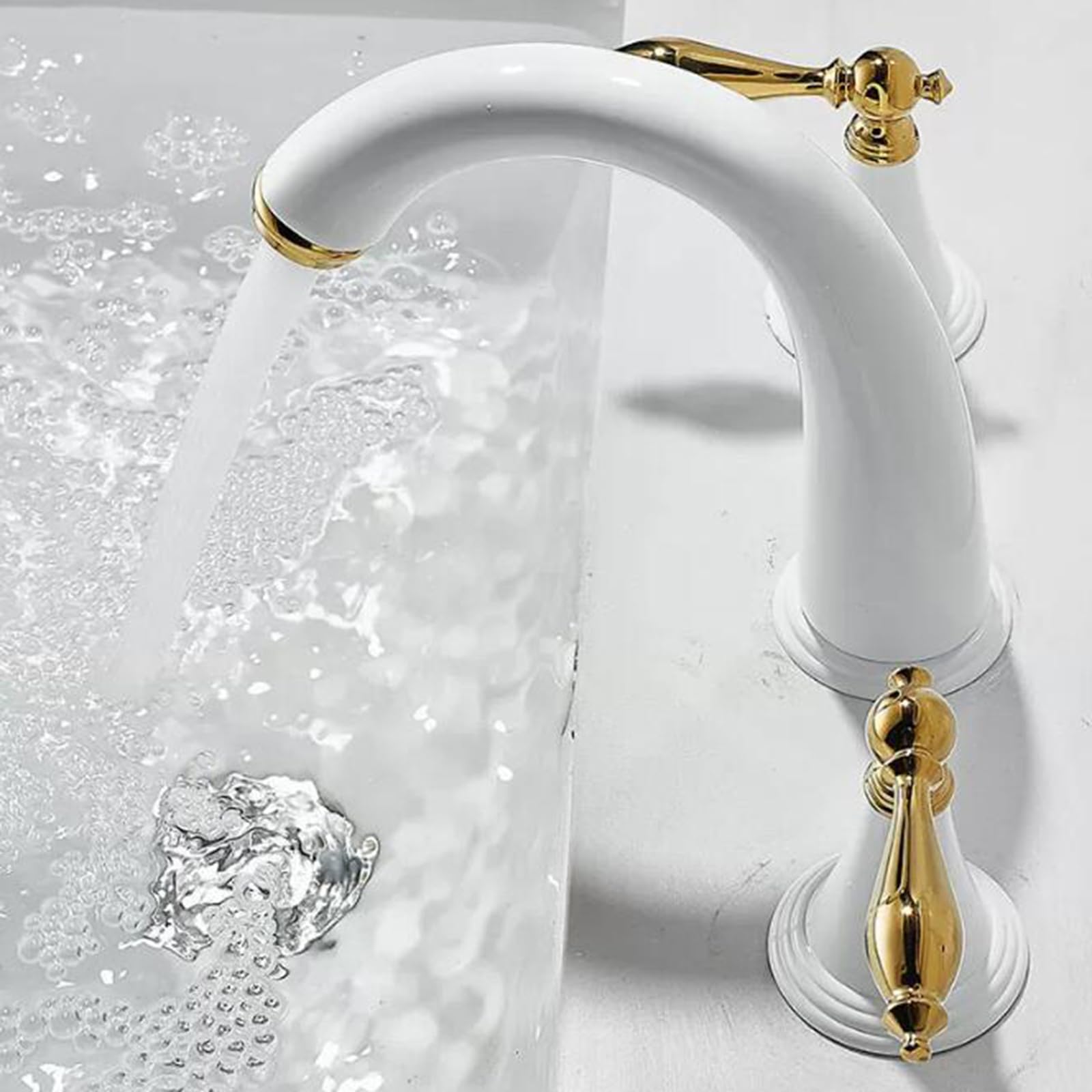 Grifo Lavabo 3 Orificios Grifo Baño 3 Orificios Latón Agua Fría y Caliente Doble Asa-Blanco+Dorado