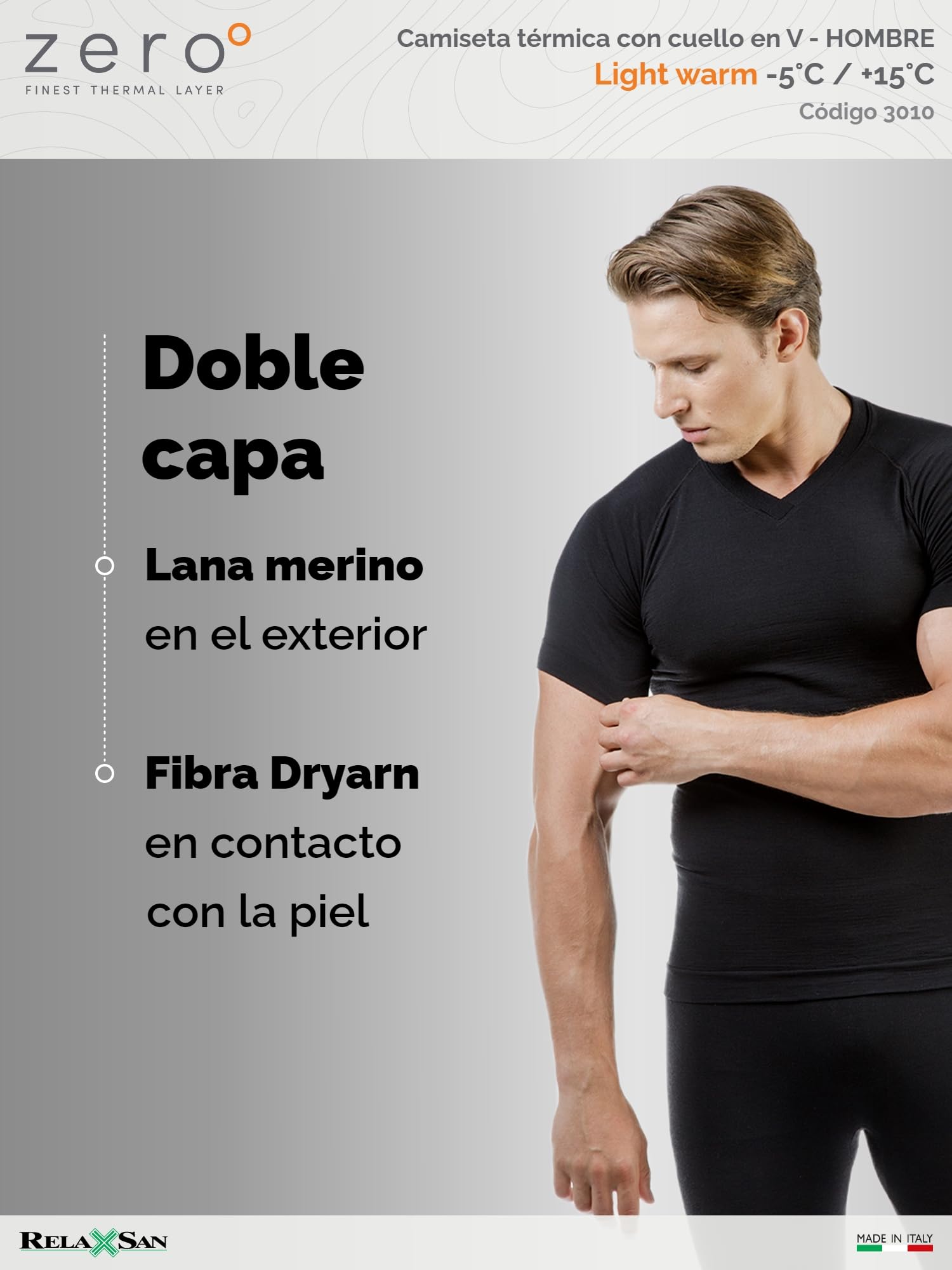 Relaxsan Zero 3010 – Camiseta Térmica Hombre Manga Corta Ropa Interior en Lana Merino y Fibra Dryarn
