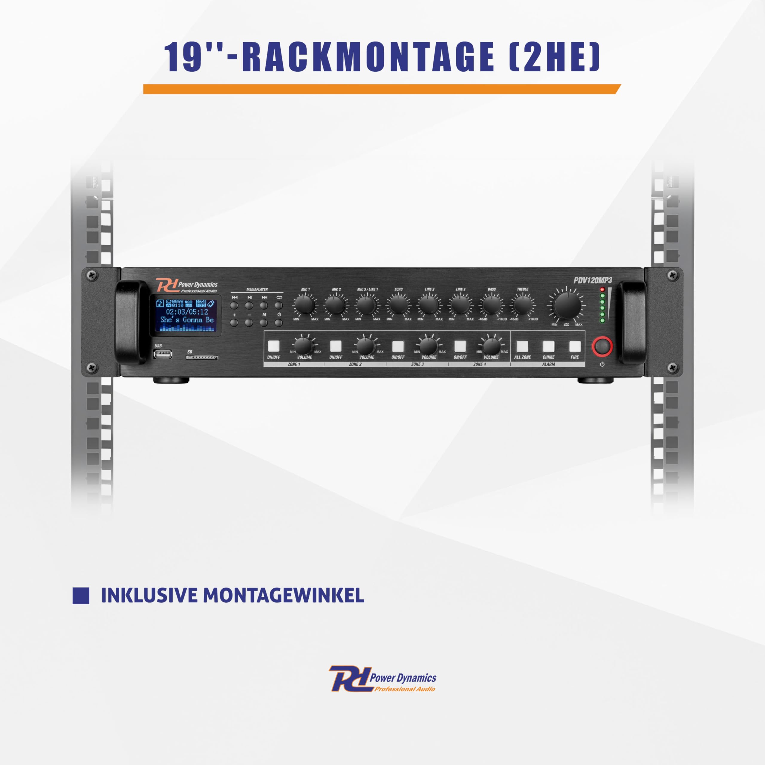 Power Dynamics PDV120MP3-4 Zonen Receiver 120 Watt, PA Verstärker mit Bluetooth, MP3, USB, SD & UKW Radio, 3x Mikrofon Anschluss, Karaoke, 3x Audio Eingang, 100 Volt System - Schwarz