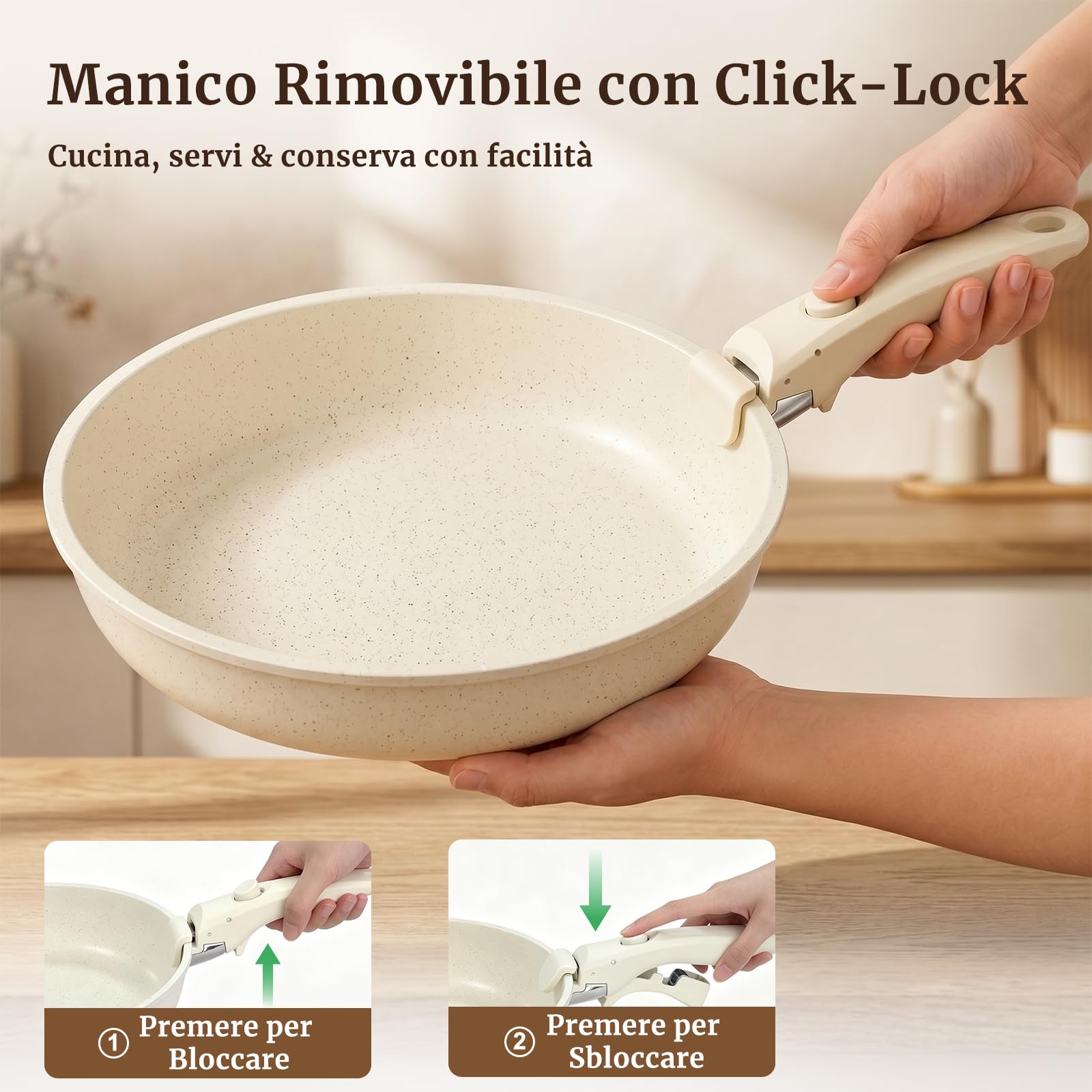 YASHE 20 Pezzi Batteria di Pentole con Manico Rimovibile, Forno/Induzione | Set Pentole e Padelle Antiaderenti in Granito, Senza PFOA, Impilabili, Salvaspazio per Camper e Monolocali