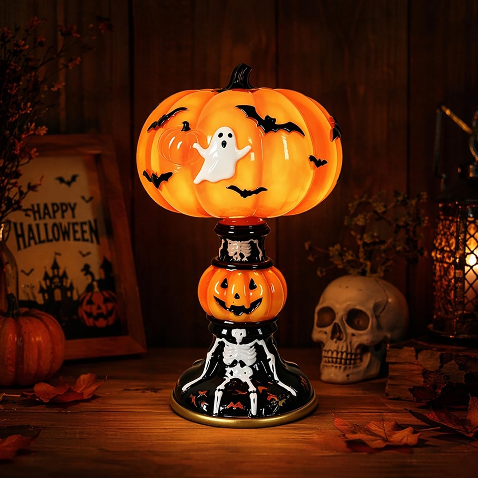 Stained Glass Halloween Pumpkin Table Lamp, Witchy Halloween Night Light