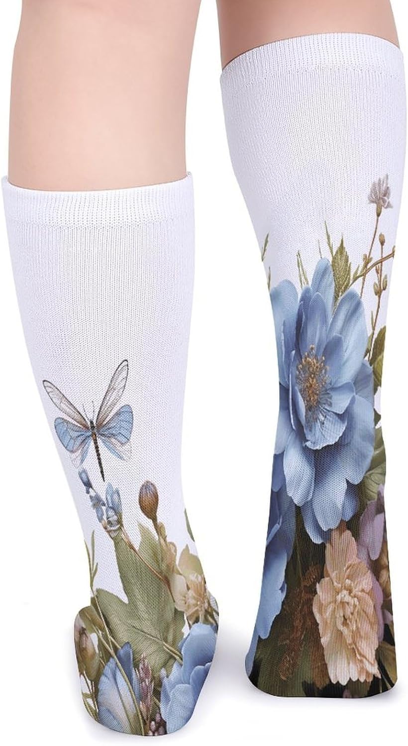 Blue Flowers And Dragonfly Crew Socks Soft Thermal Socks | Socks for Men Women-Casual Wicking,High Stocking for Sports Running-Long Thin Tube Sports Breathable