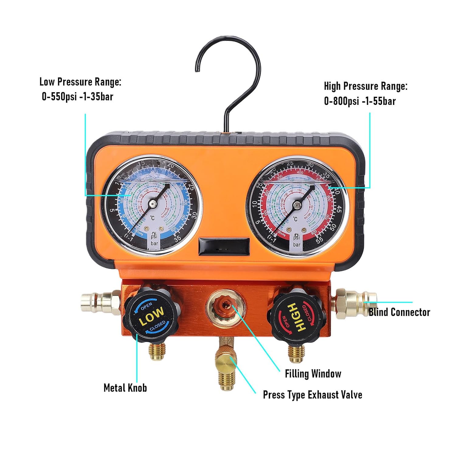 Generic AC Pressure, 1/4in Flare Fittings for R1234yf R134a R404a Refrigerants, with 4 Layer Reinforced PVC Hose and Oil Filled Pressure, for Vehicle Household Appliance
