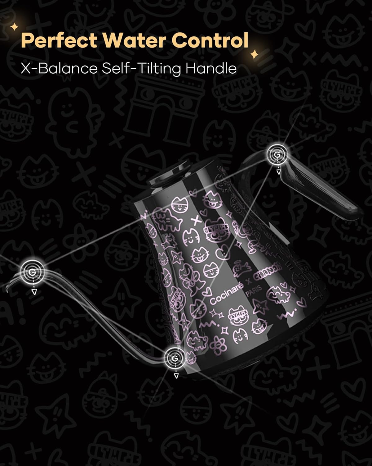 Cocinare Collab Collection Chanior Black Gooseneck Electric Kettle, ±0.5℉ Precise Temperature Control for Pour-Over Coffee & Tea, Quick Heating 1500W, Stainless Steel Interior, 0.9L - Image 6