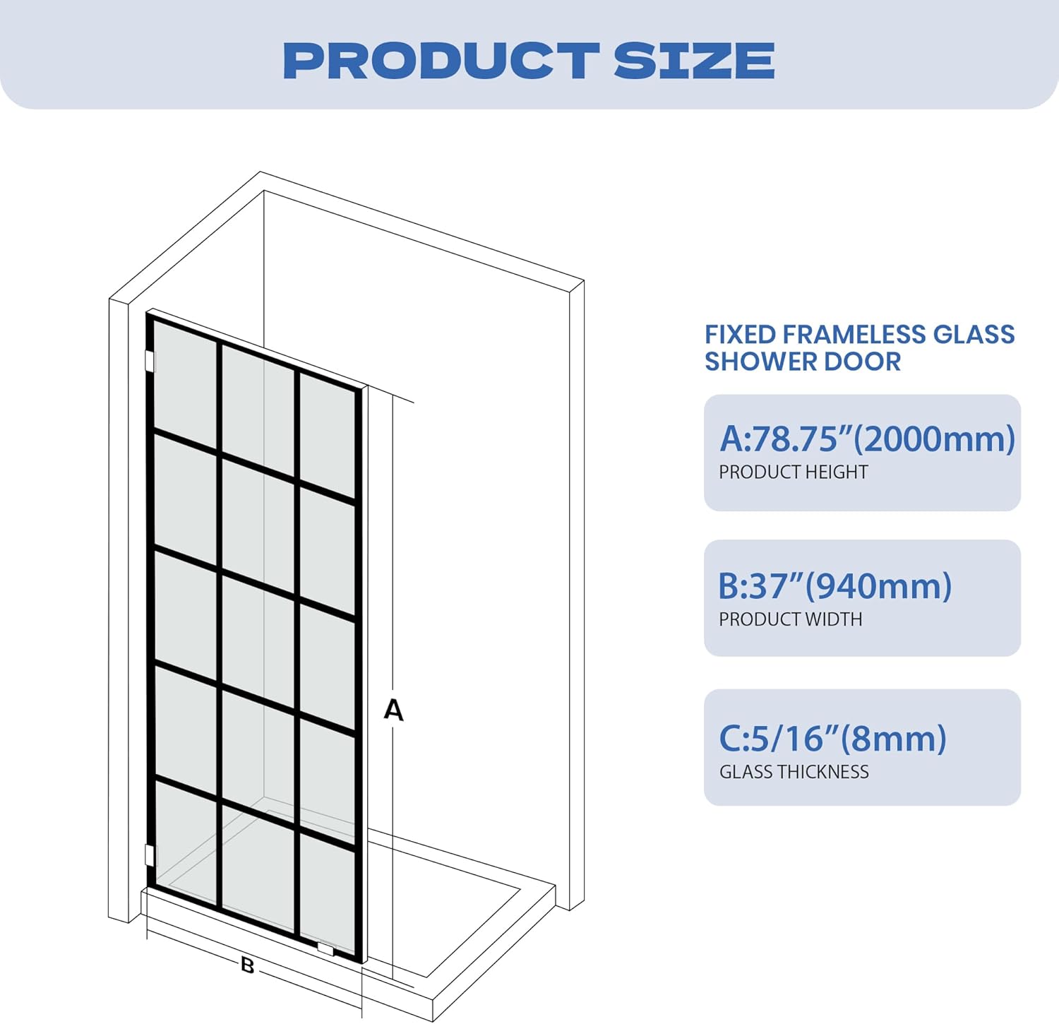 Bathroom Shower Door 37" W x 78.75" H, Framed Fixed 5/16" (8mm) Thick Clear Tempered Glass Door Panel, Matte Black Silk-Print Grid