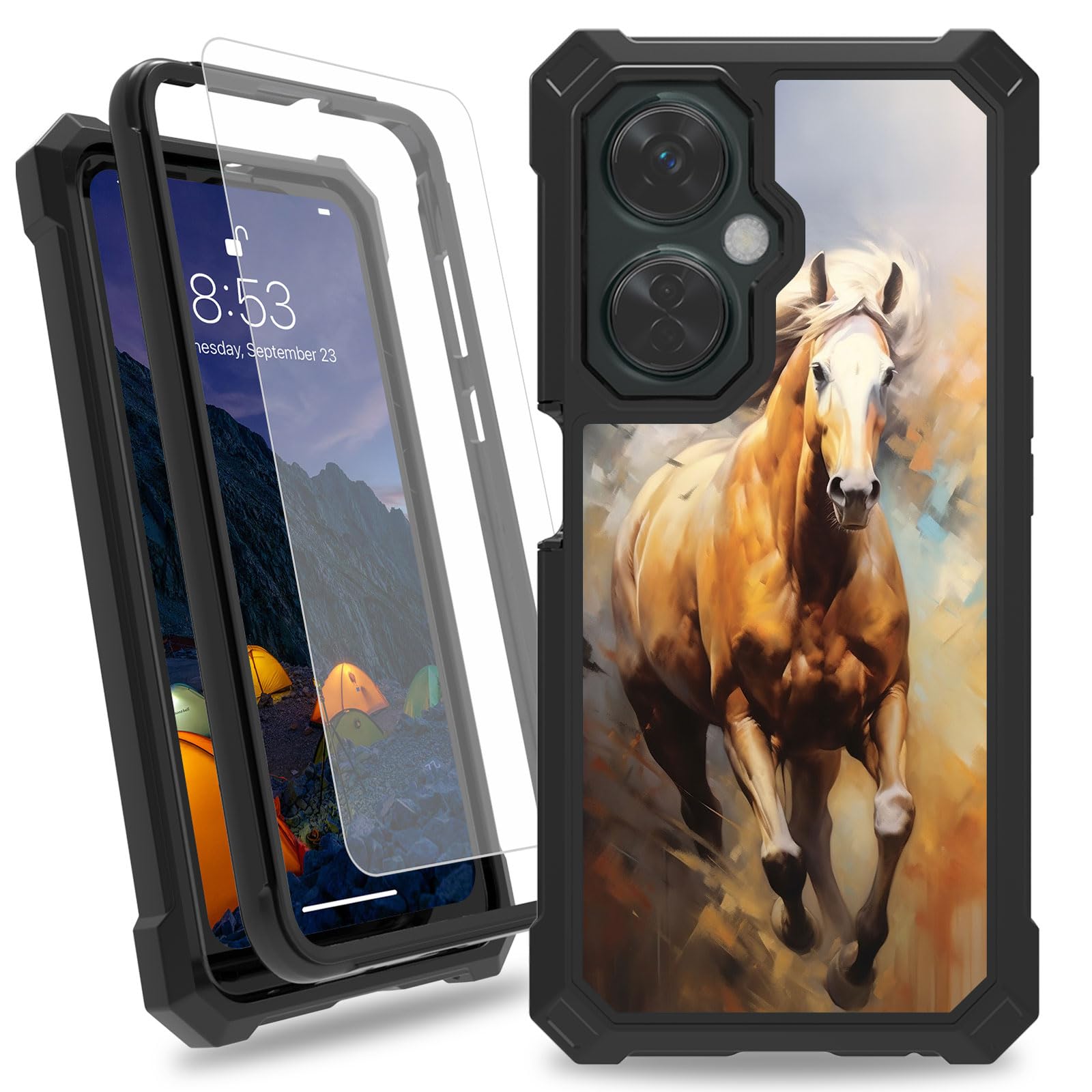 CAPAUNVDA for OnePlus Nord N30 5G Case,Heavy Duty Dual Layer Slim Shockproof Black Cover with Tempered Glass Screen Protector for Women Man,Galloping