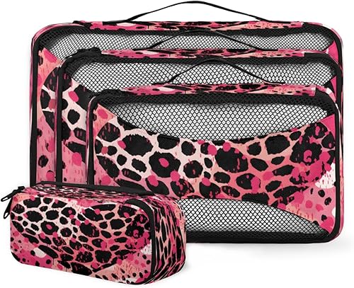 Leopard Print Love Packing Cubes 4 Pack Travel Packing Bags Set Lightweight Mesh Travel Luggage Organizer Clothes Carry on Suitcase Bags for