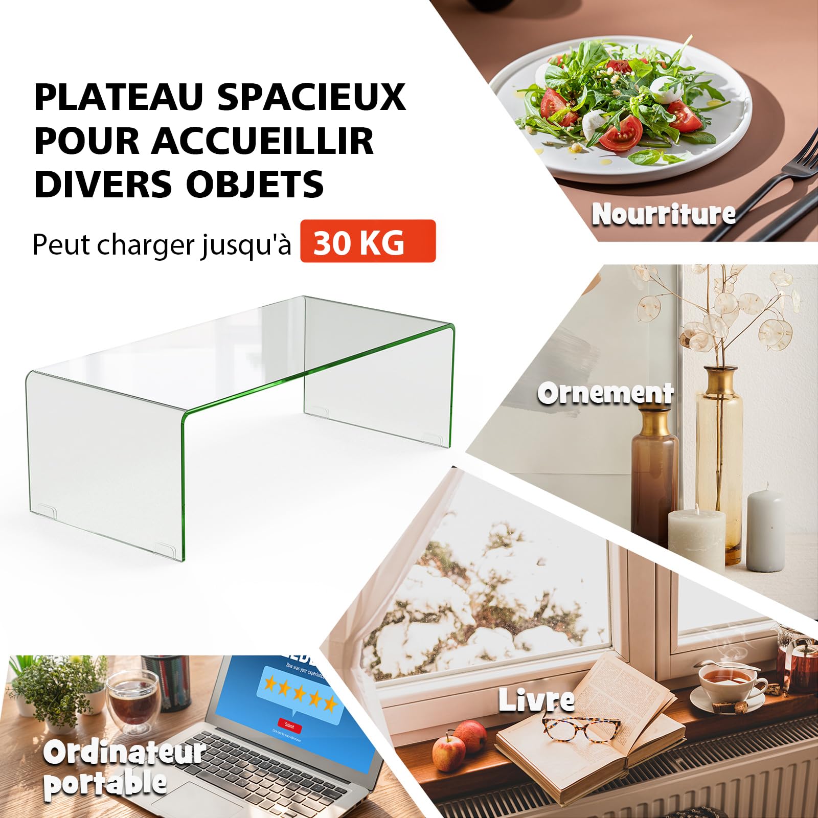 COSTWAY Table Basse/ d’Appoint en Verre Trempé Rectangulaire Forme de U avec Bords Arrondis Lisses, Table Basse Transparente Simple & Moderne pour Salon, Bureau, Hôtel