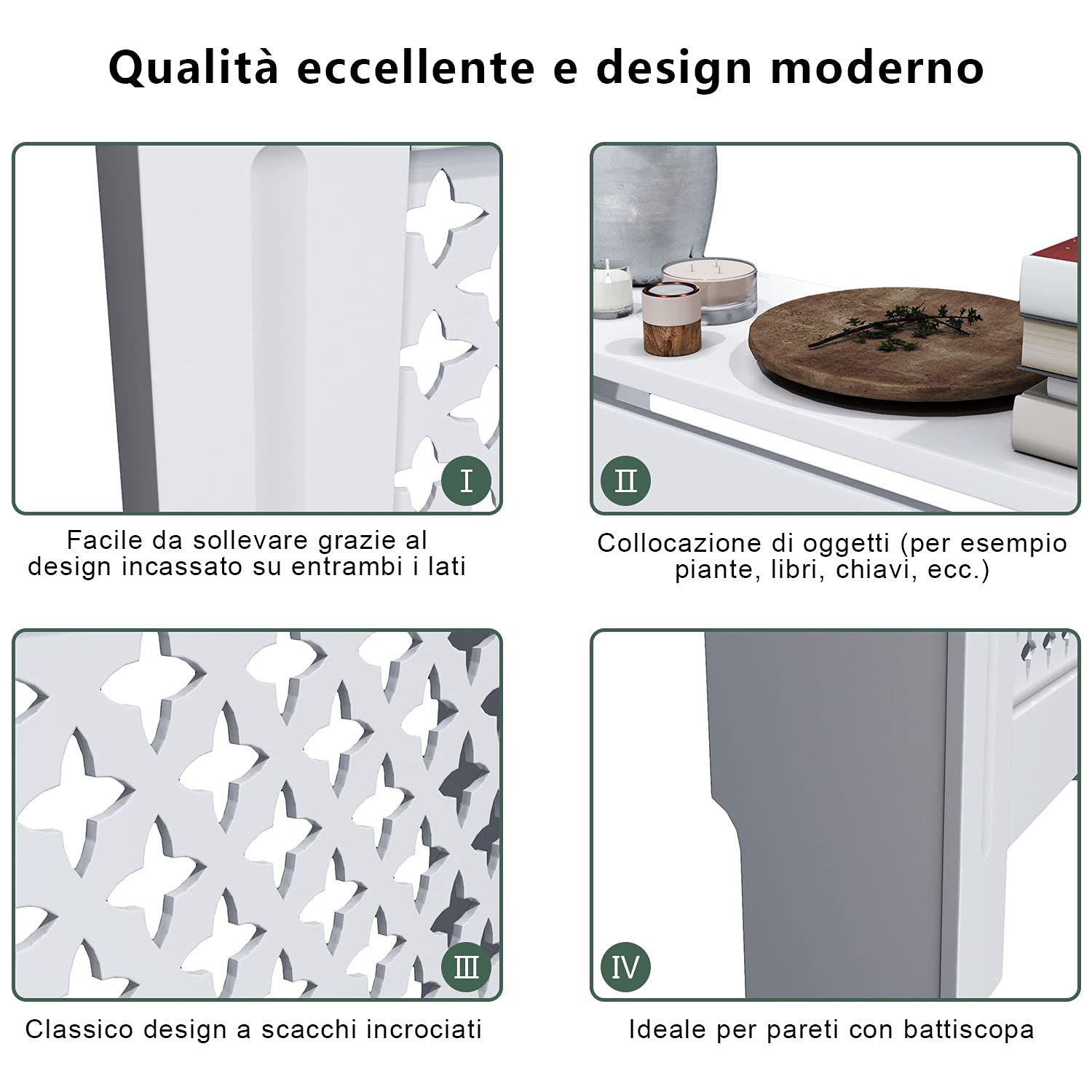SONNI Copertura per Radiatore, 78x19x81.5 cm Classico e Moderno per Copritermosifone, Copertura Termosifone Grande a Doghe Romboidali Laccati Bianchi