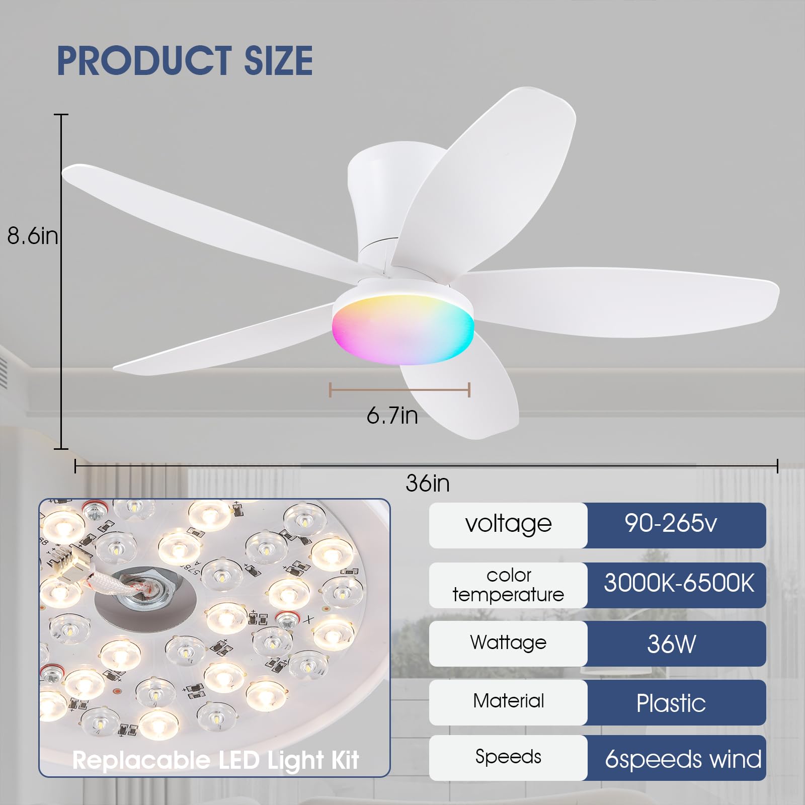 Surtime 92CM Deckenventilator mit RGB Beleuchtung und Fernbedienung/App-Steuerung, dimmbare LED-Deckenventilatoren