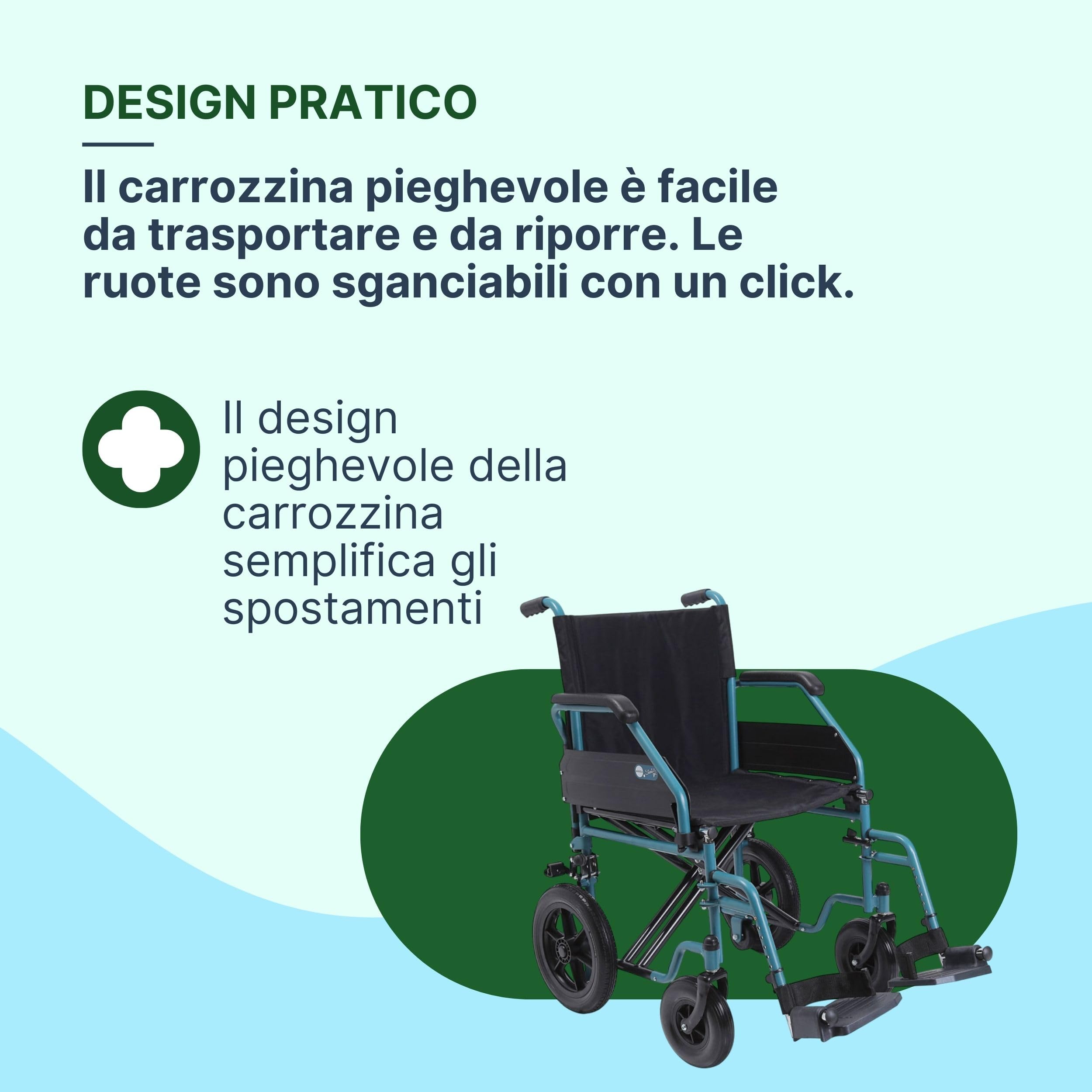 Sedia a Rotelle Pieghevole Leggera da Transito, 43 cm, Azzurra | Carrozzina per Disabili Predisposta per Autospinta, Acciaio, Crociera Doppia, Ruote a Sgancio Rapido