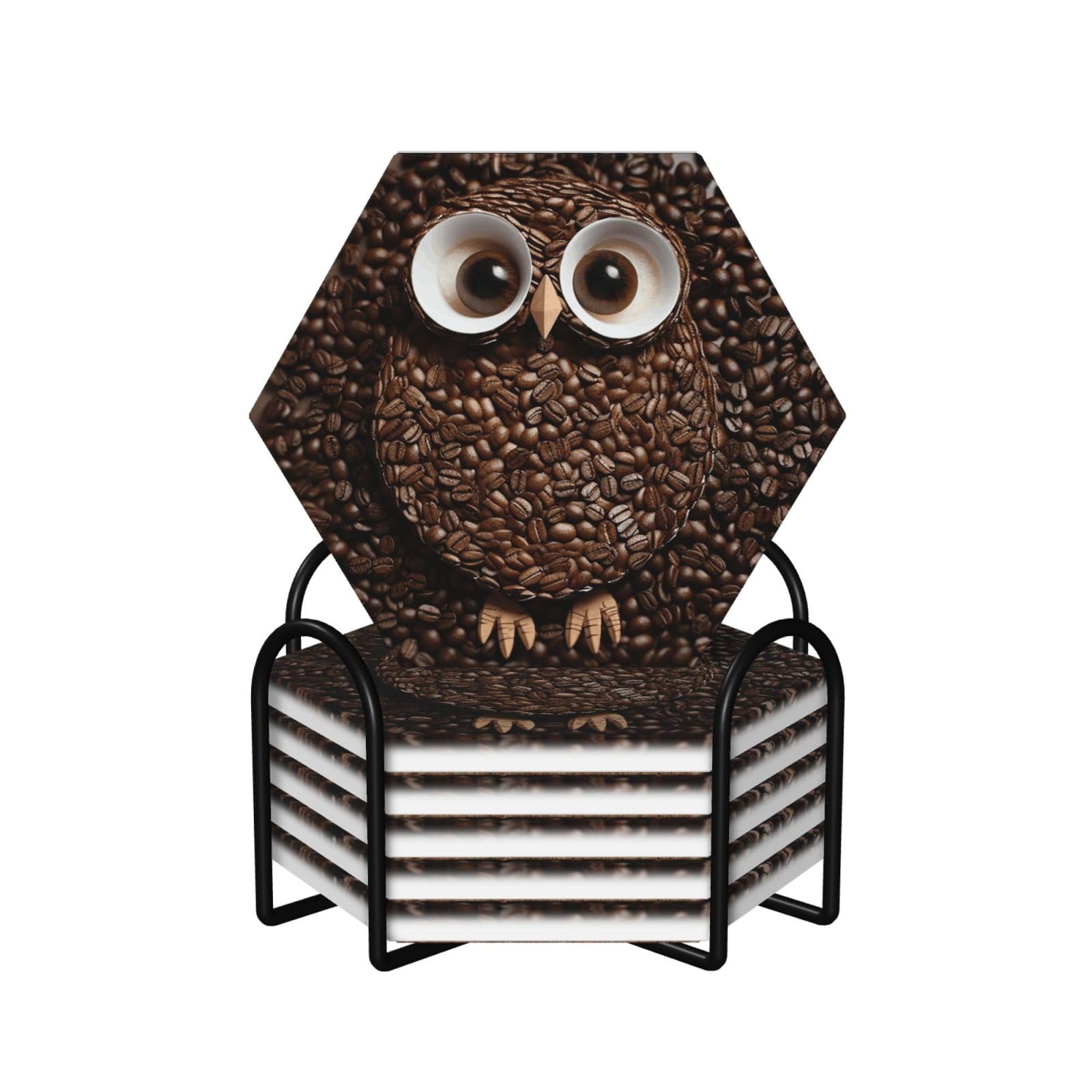 6Pcs Ceramics Coaster for Drinks, Coffee Bean owl Cup Coasters with Holder, Aesthetic Drink Coasters for Coffee Table, Absorbent Round Coaster for Tabletop Protection 4" Cup Mat Pad