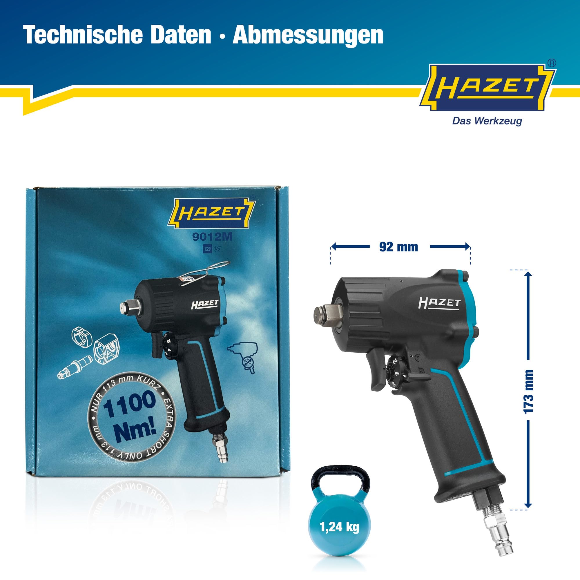 Hazet Druckluft-Schlagschrauber 9012M I Max. Lösemoment 1100 Nm, Vierkant 12,5 mm (1/2 Zoll) I vibrationsarm - Werkzeug zum Anziehen und Lösen von Schrauben