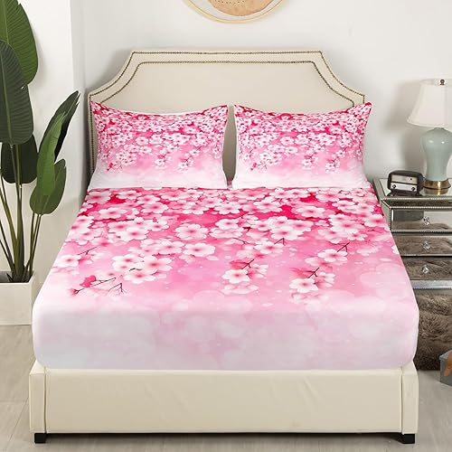 Miniatura 3 de Juego de sábanas bajeras de flores de cerezo tamaño Queen, juego de ropa de cama floral de flores de Sakura rosa con 2 fundas de almohada, juego de