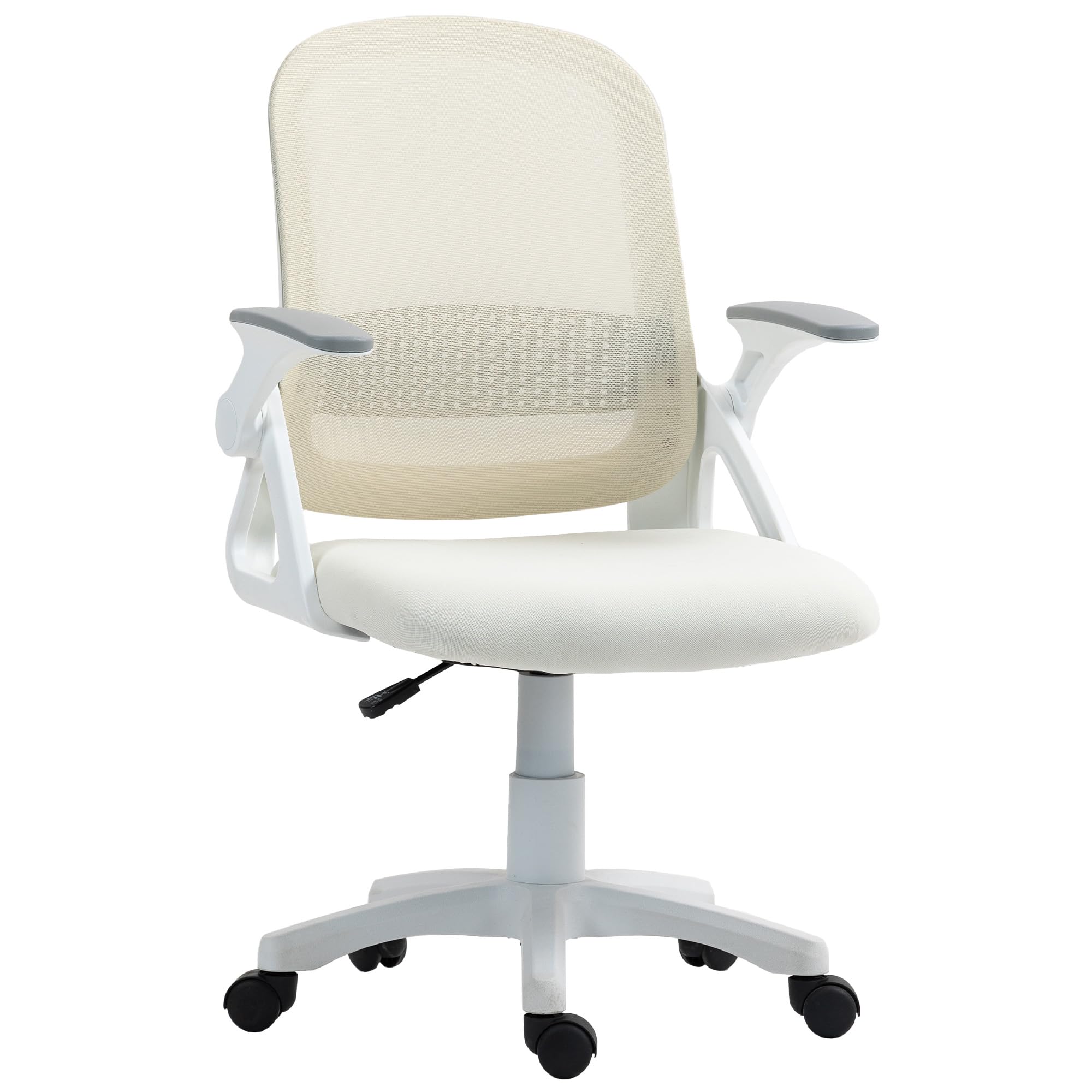 HOMCOM Bürostuhl mit Aufklappbarer Armlehne Lendenwirbelstütze Weiß | Ergonomischer Schreibtischstuhl, Höhenverstellbarer Drehstuhl mit Wippfunktion, Netzbespannung, Computerstuhl