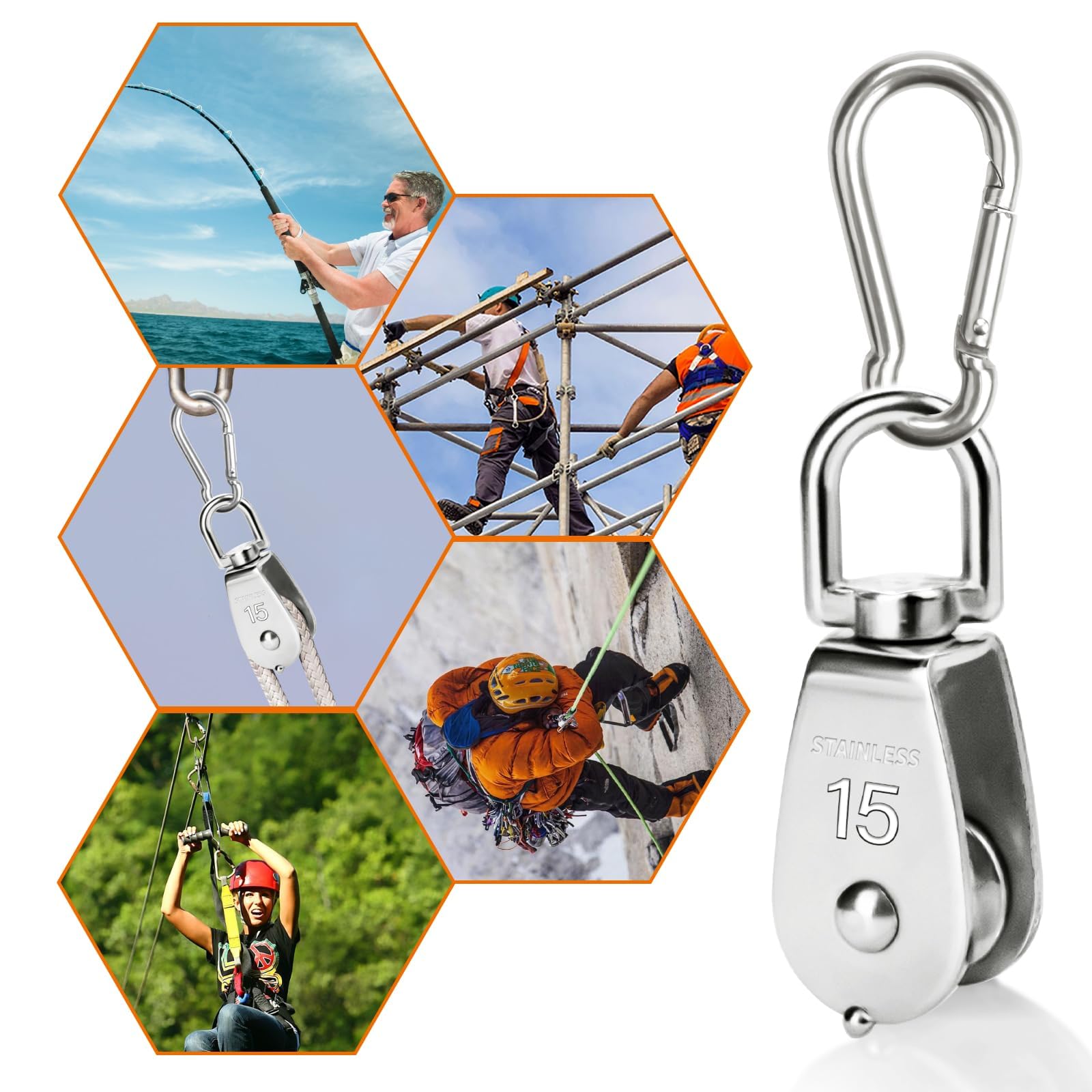 4 Carrucole In Acciaio Inox M15 Con Moschettoni - Capacità 35kg Per Sollevamento - Foto 9