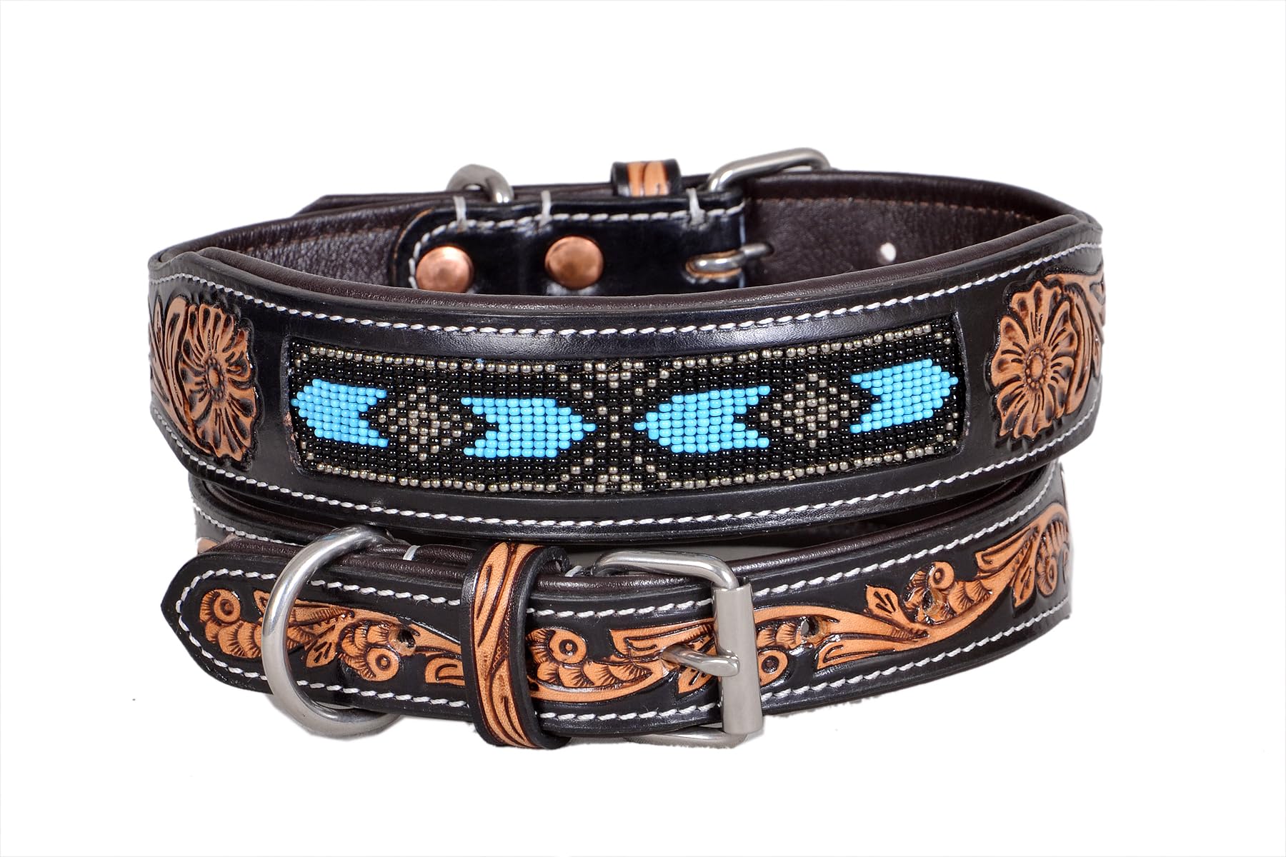 10IS015-S Hundehalsband, Leder, klein, Western-Stil, strapazierfähig, handgedreht, verstellbar, mit Perlen und gepolstert, weich für Welpen und große Hunde