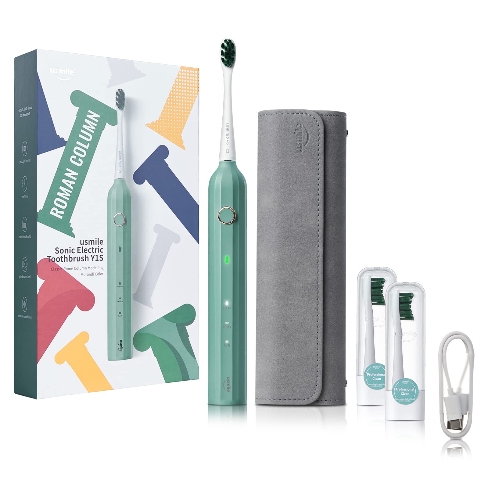 usmile [ADA Accepted Electric Toothbrush, Type-C Rechargeable Sonic Toothbrush for Adults with 2 Brush Heads, 1 Charge Lasts for 180 Day, Whitening Powered Toothbrush with Smart Timer, Y1S Green