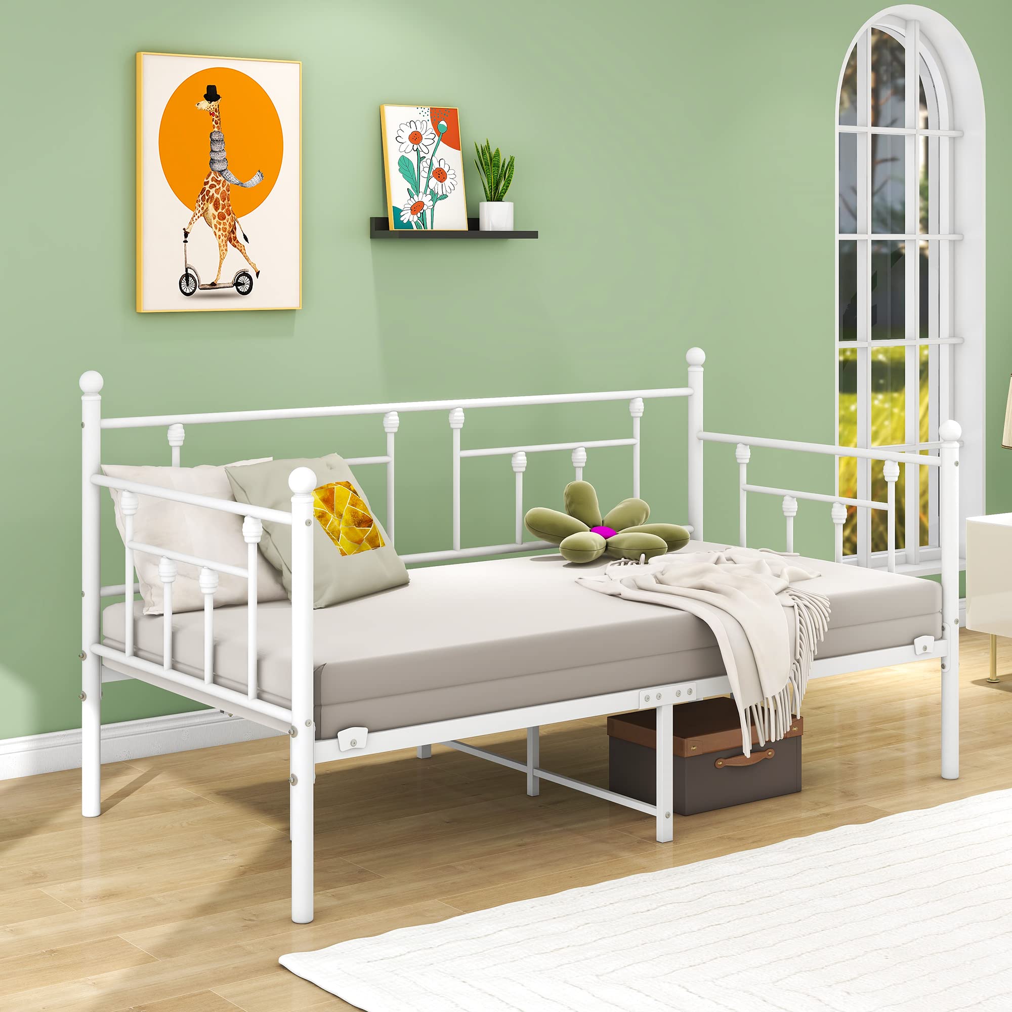 Marco de cama de 90 x 200 cm, sofá individual con somier de láminas para habitación de invitados, jóvenes, cama de metal para dormitorio, sala de estar, color blanco