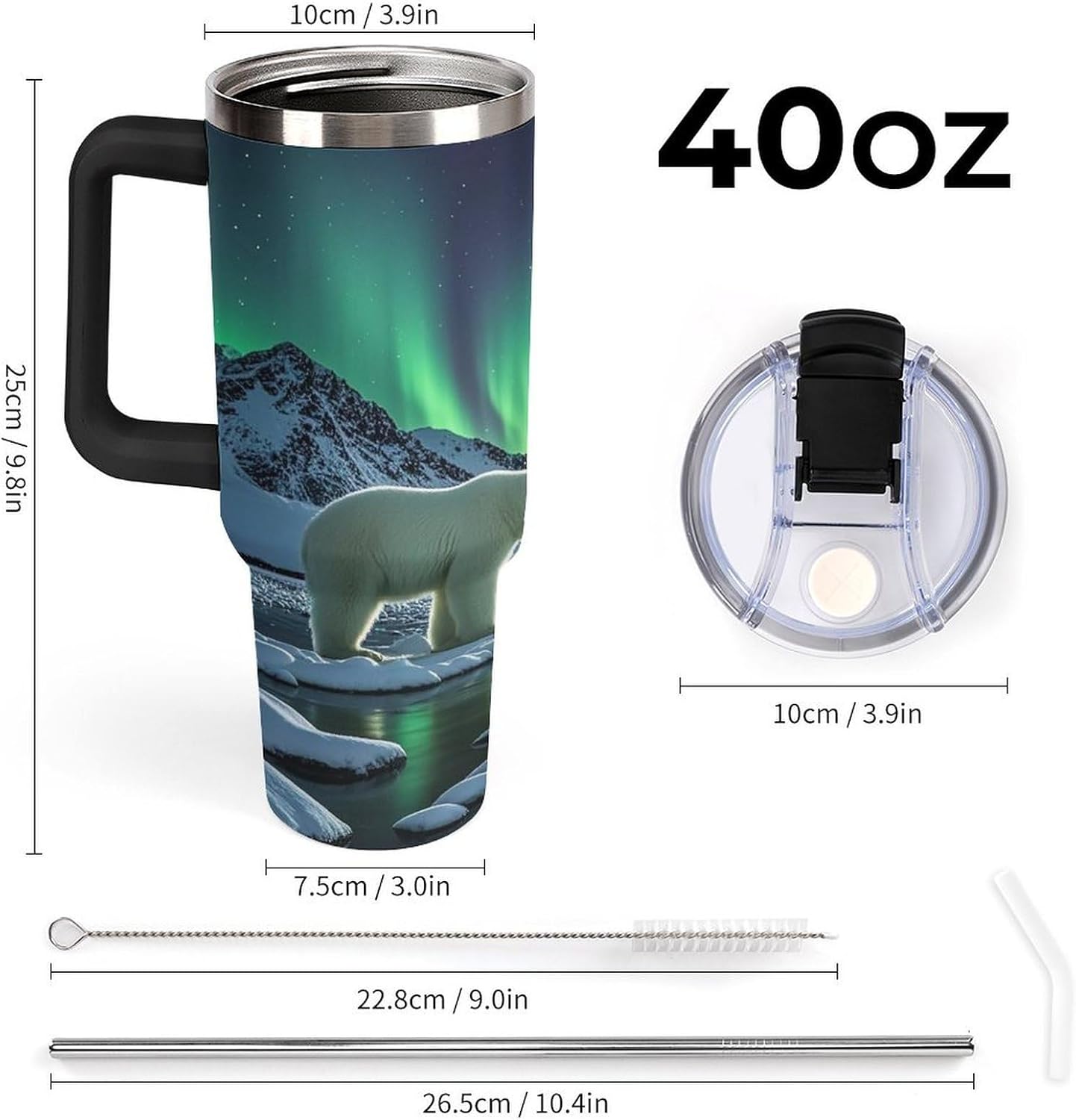 Polar Bears Northern Lights Travel Coffee Mug Reusable Durable Stainless Steel Insulated Tumbler with Handle And Straw Leak Resistant Portable Thermal Cup Gifts for Men Women 40 Oz
