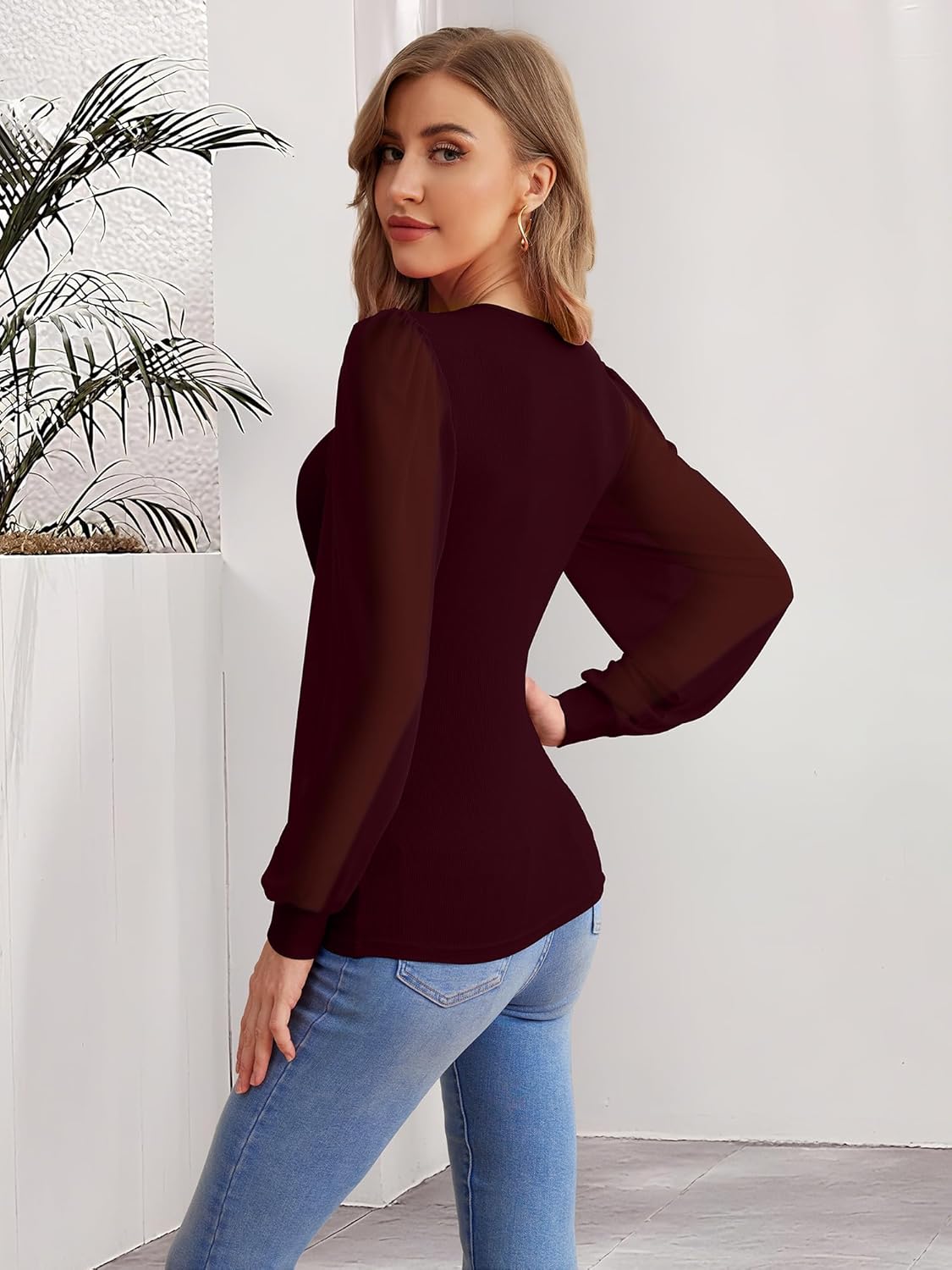 Women's Mesh Long Sleeve Shirts 2025 Fall Ribbed Knit Fitted Tops Business Dressy Casual Work Blouses - Image 4