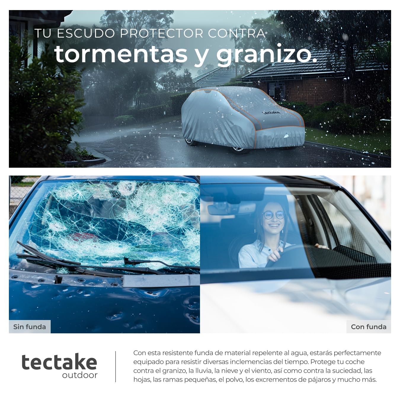 tectake® Funda para Coche Exterior, Impermeable y Transpirable, Lona para Coche Antigranizo, con Reflectores y Bolsa de Almacenamiento, Compatible con Muchos Modelos - tamaño L