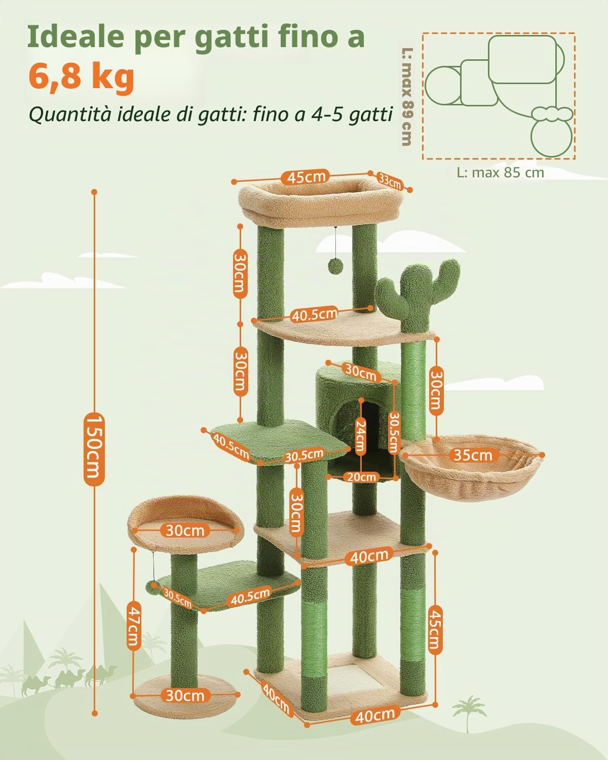 PETEPELA Albero alto per gatti grandi, torre multilivello con amaca, tiragraffi e 2 posatoi