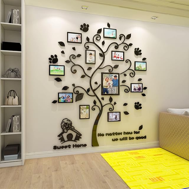 NHOMY 3D Black Trunk Leaves Dog Wall Stickers Happy Family Tree Decal DIY Decor Sticker with Four DIY Vertical Bars Photo Frames (Medium, Black)