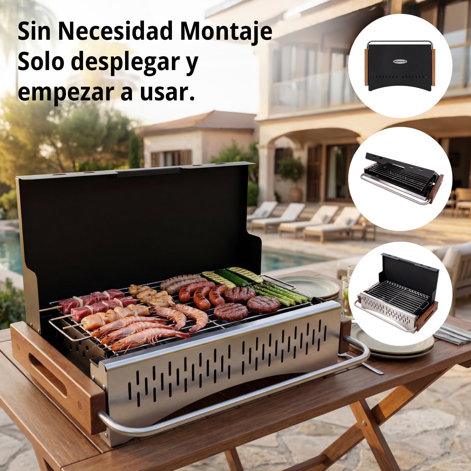 Barbacoa portátil carbón con kit de utensilios, parrilla plegable para camping y balcón, montaje rápido sin herramientas, doble altura, ideal 1–4 personas
