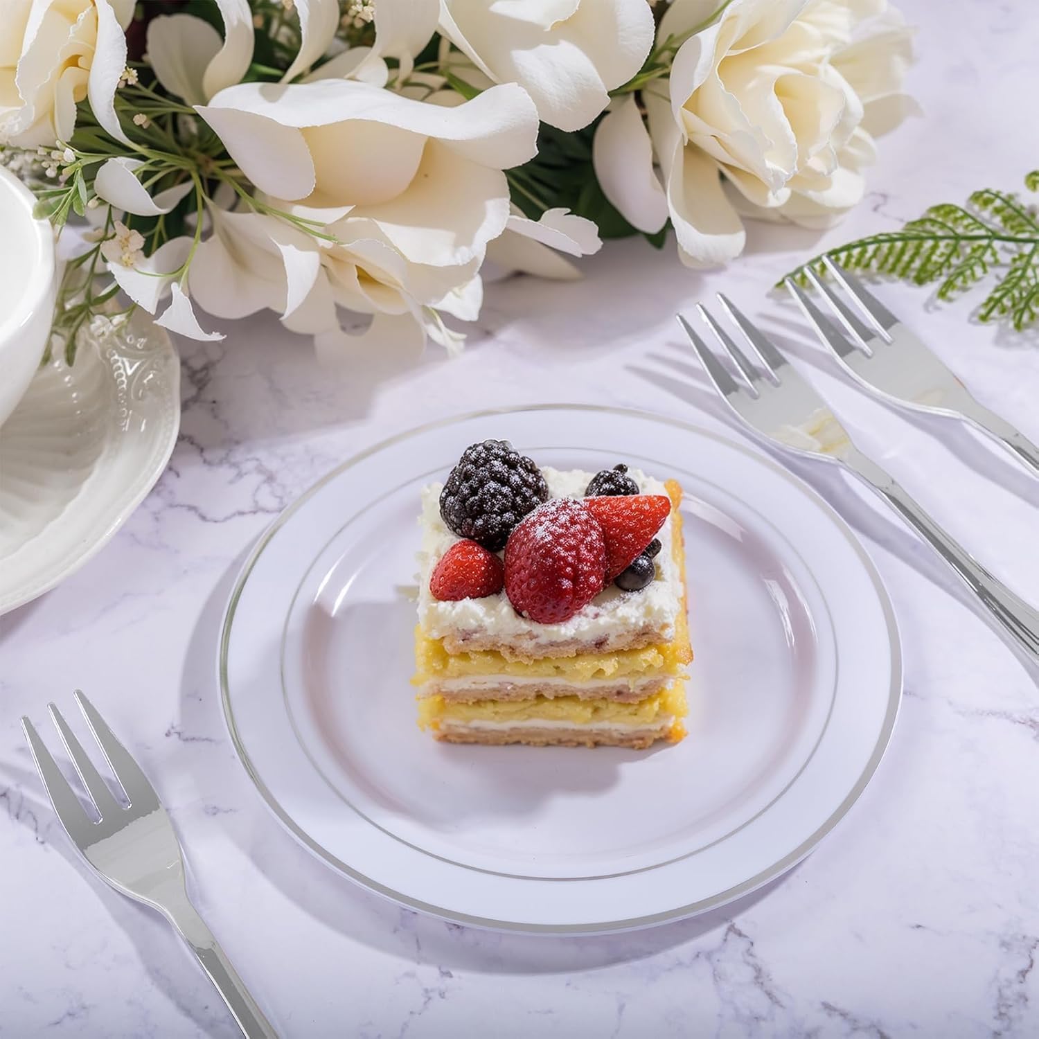 WELLIFE 240PCS Silver Plastic Dessert Plates - Includes 120PCS Silver Forks, 120PCS 6.3 Inch Salad & Appetizer Plates - Perfect for Wedding & Party - Image 3