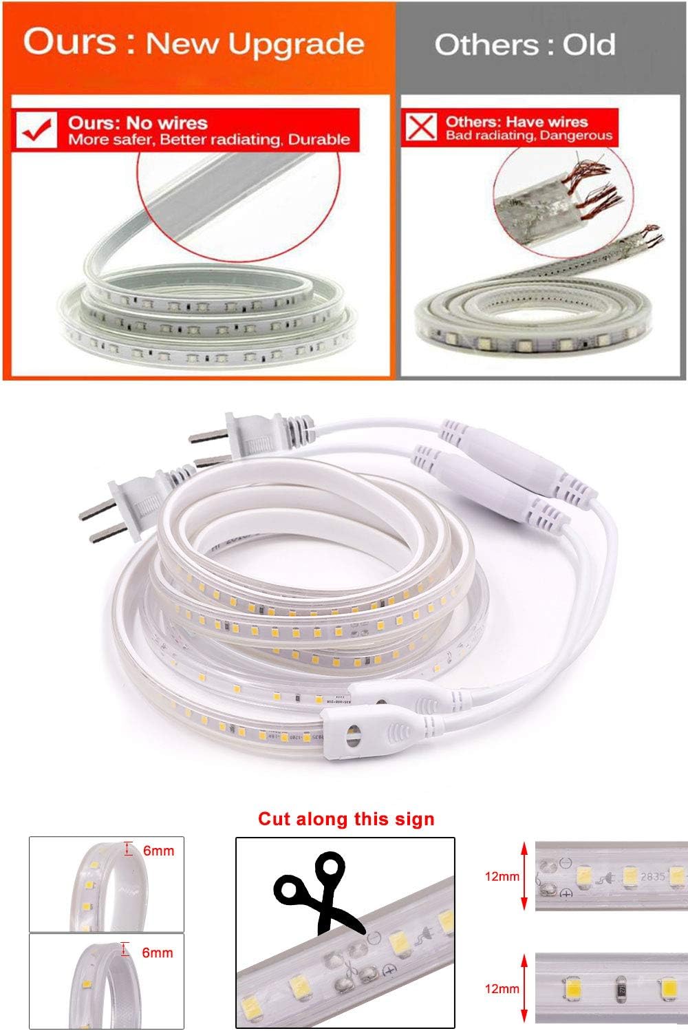 LED Strip Lights, Upgraded Super Bright 20-22 LM/LED Tape Light Bulit-in Conductive Plate, 6500K Daylight White AC110V 2835 120 LEDs/m Waterproof Rope Light for Home Indoor Outdoor(23ft/7m)