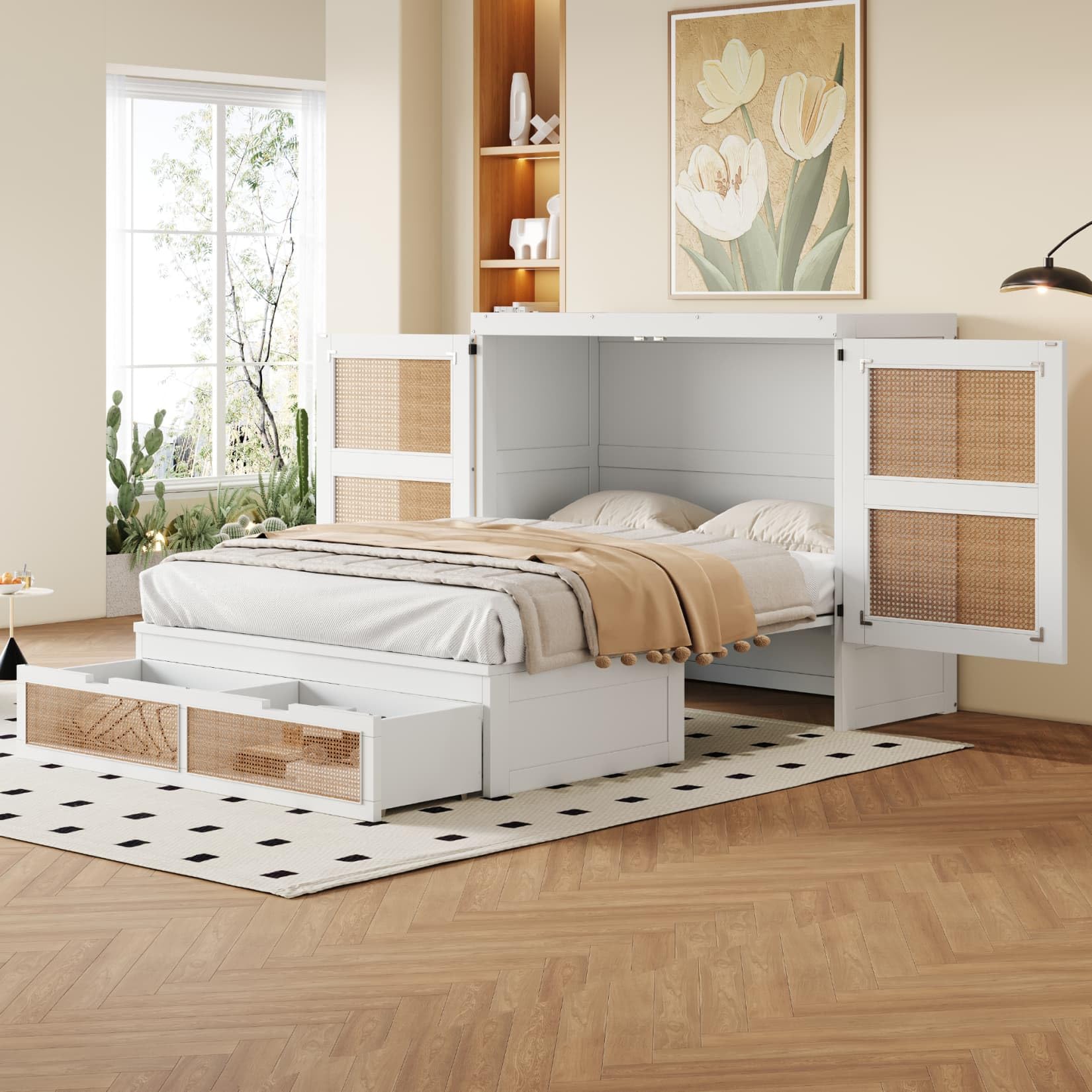 PUGSDRLY Lit Escamotable 140x200cm,Lit Pliant 2 Personnes avec 2 Tiroirs de Rangement,d'appoint,Mural,Cadre en Bois pour Adulte Adolescent Enfant,Design Rotin,sans Matelas (Blanc)