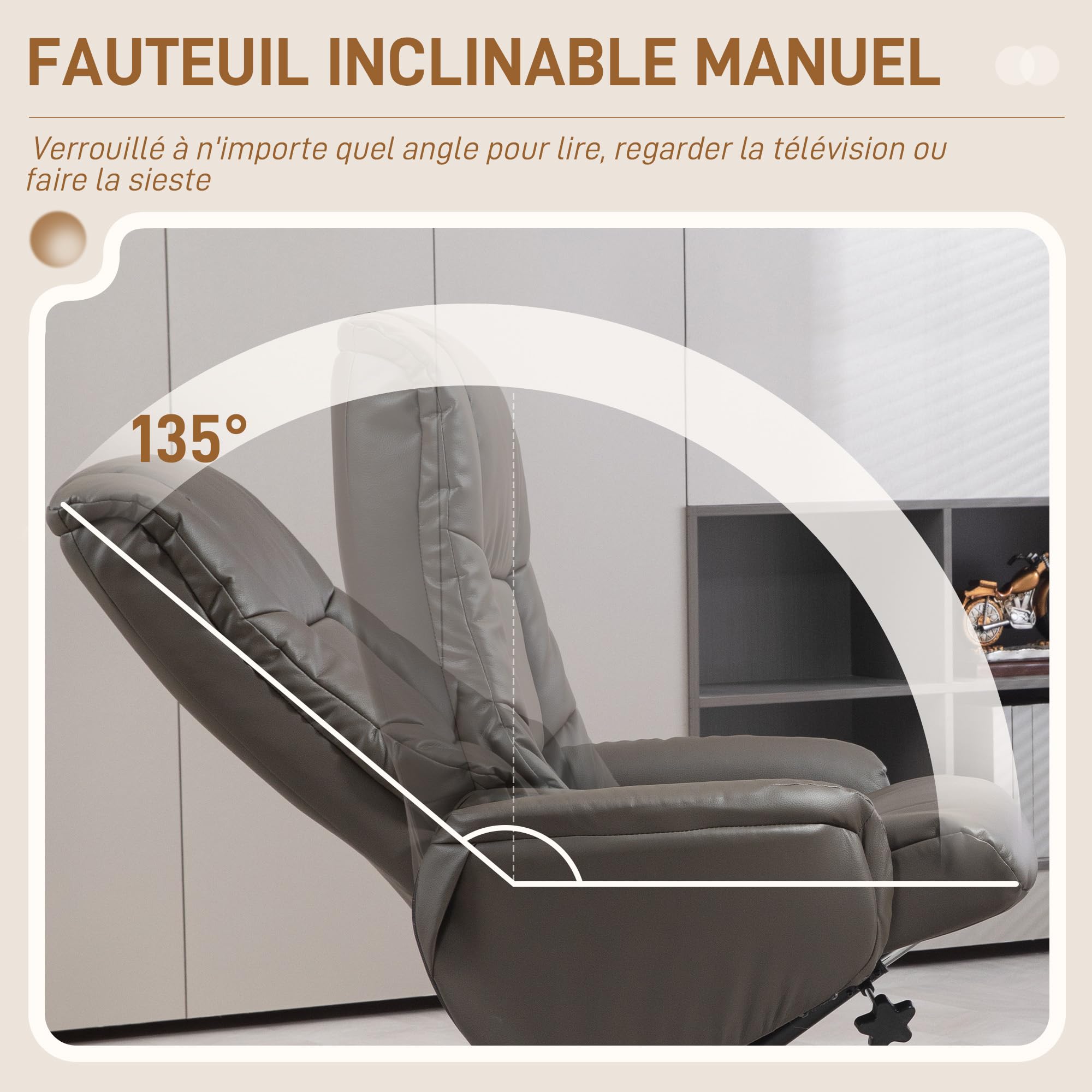 HOMCOM Fauteuil de relaxation avec repose-pied, fauteuil relax salon, dossier à bascule, fauteuil inclinable, assise rembourrée, revêtement synthétique, cadre en bois massif, design contemporain, gris