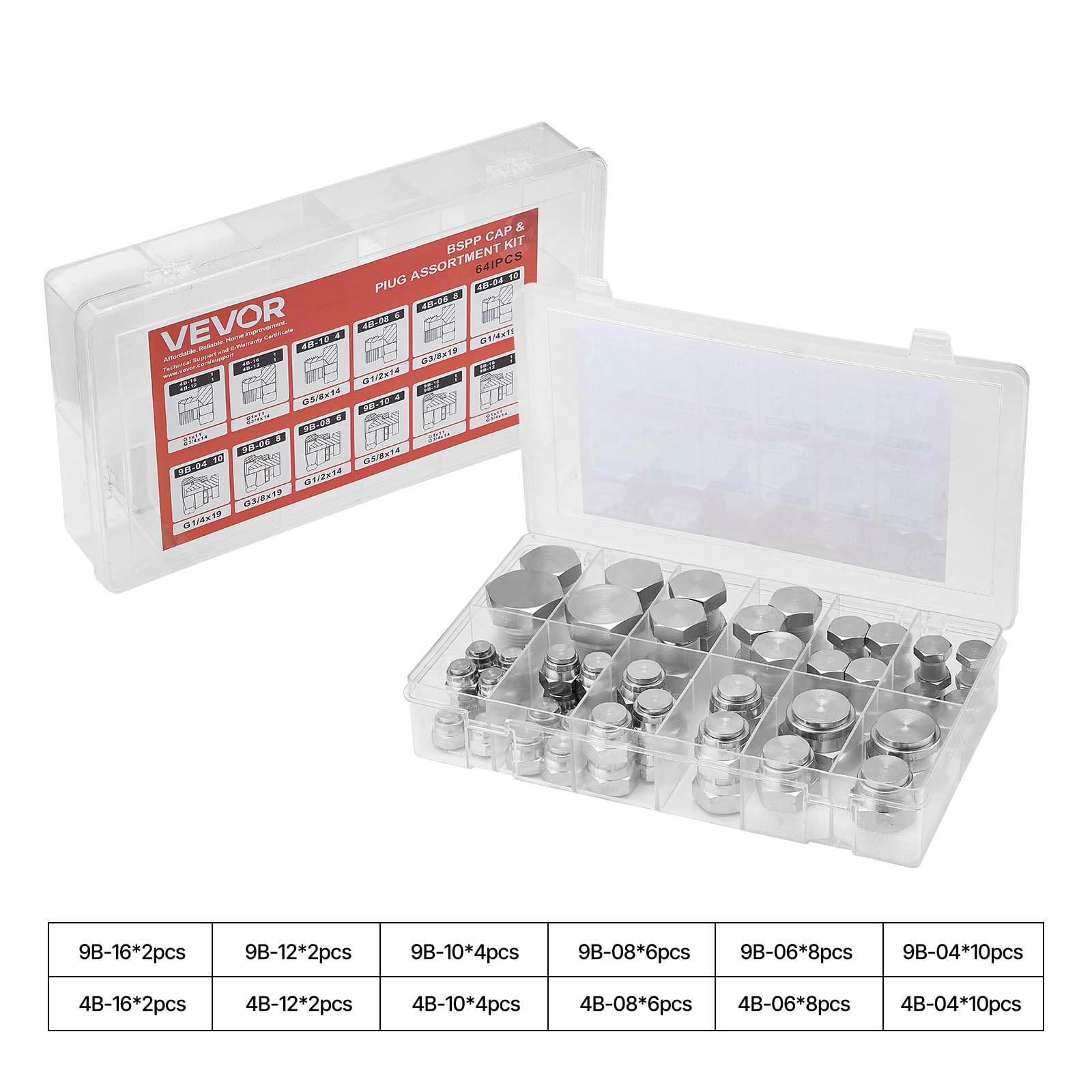 VEVOR 64-teiliges BSPP-Hydraulikfitting-Set, Hydraulikkappen- und Stopfen-Set mit Präzisionsgewinde, verzinkter Stahl, Hochleistungs-Adapter-Set, Armaturenbrettgrößen 04/06/08/10/12/16