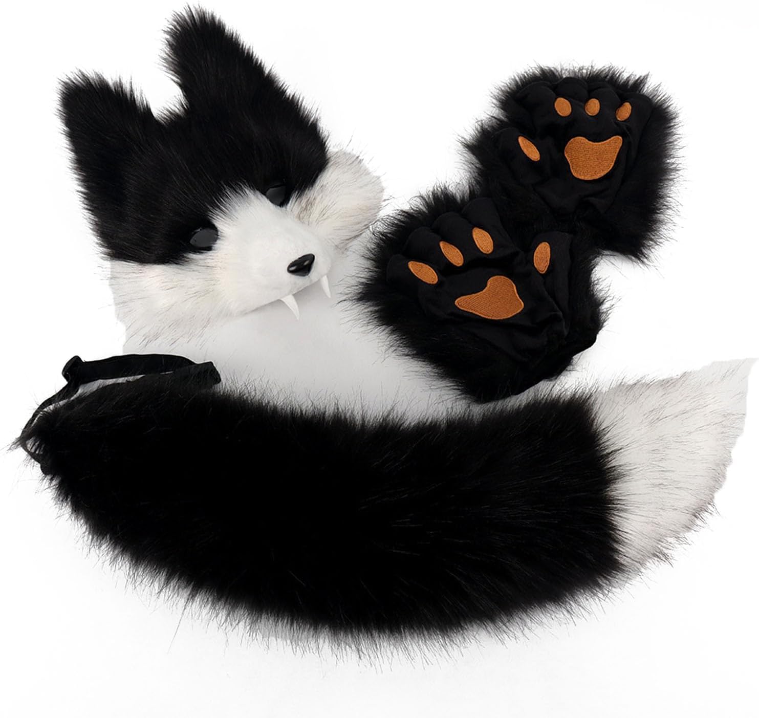Halloween simulation Wolf tooth mask 3D set cosplay Lone Wolf plush beast tail party ball props (Black and white mask)