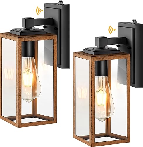 VIANIS Paquete de 2 luces de garaje para exteriores, del atardecer al amanecer, para casa, linterna de coche de grano de madera con vidrio templado,