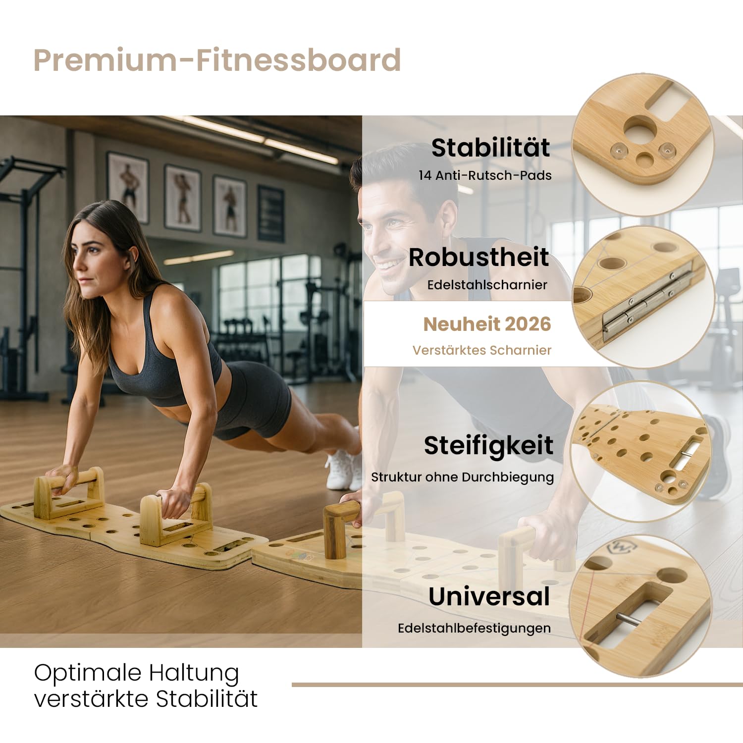 Amplitude – Premium Liegestützbrett/Push up Board aus Holz für Home gym – Klappbares Fitnessgerät für Zuhause – inkl. resistance bands + 30-in-1 Trainingsanleitung