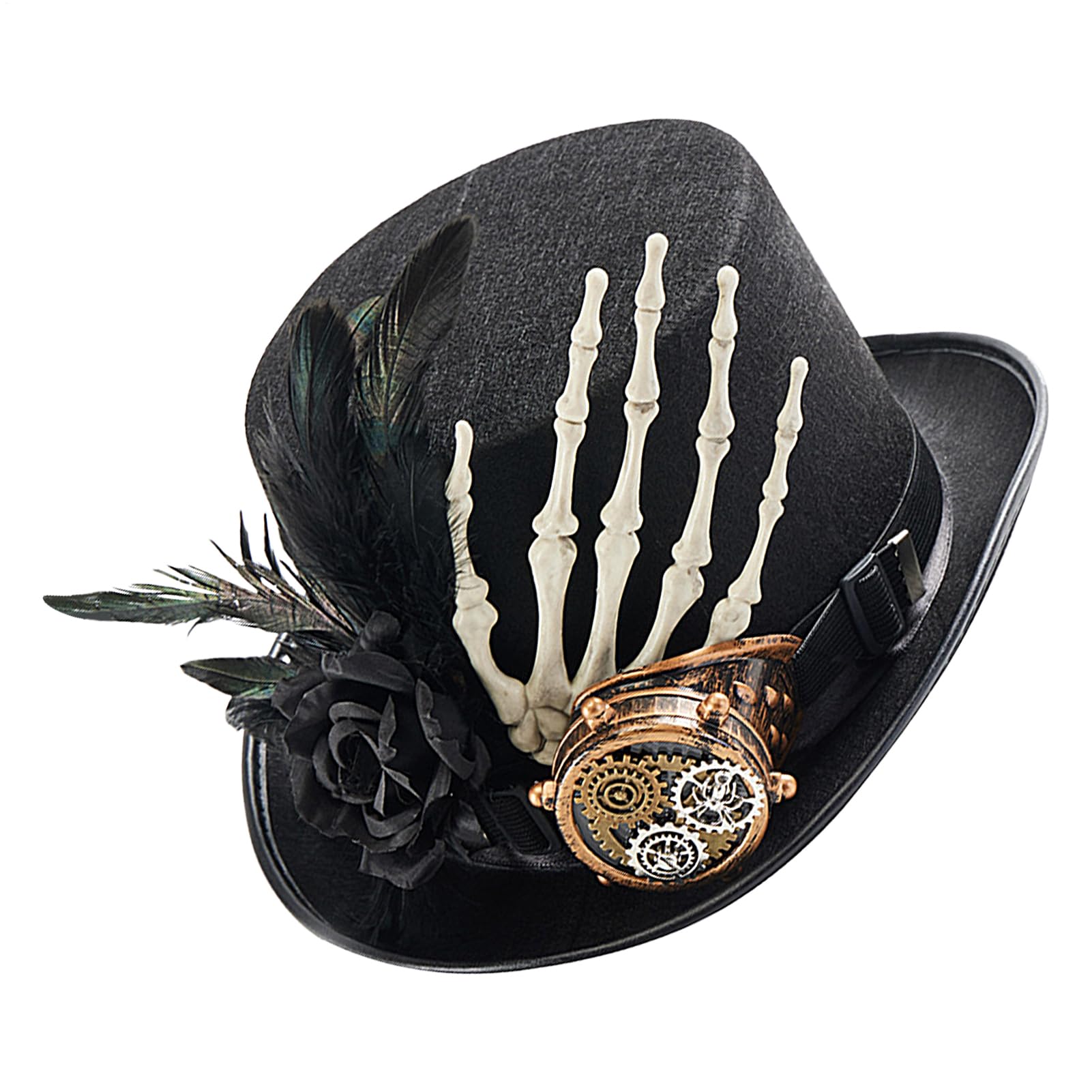 Steampunk Top Hat - Gothic Skeleton Hand Hat, Vintage Gear Accessory | Black Felt With Removable Goggles, Flower Detail For Halloween, Cosplay Events, Themed Parties, And Festive Celebrations