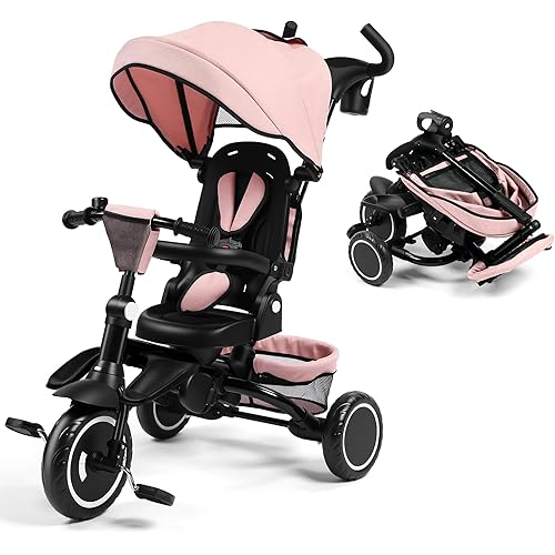 Kinder King Kids Trike Tricycle for Toddlers 1-3, 8 in 1 Folding Toddler Tricycle Bike w/1-Step Brake, Adjustable Push Handle, Rotatable Seat, Adjustable Canopy, Bell, 5-Point Harness, Storage, Pink