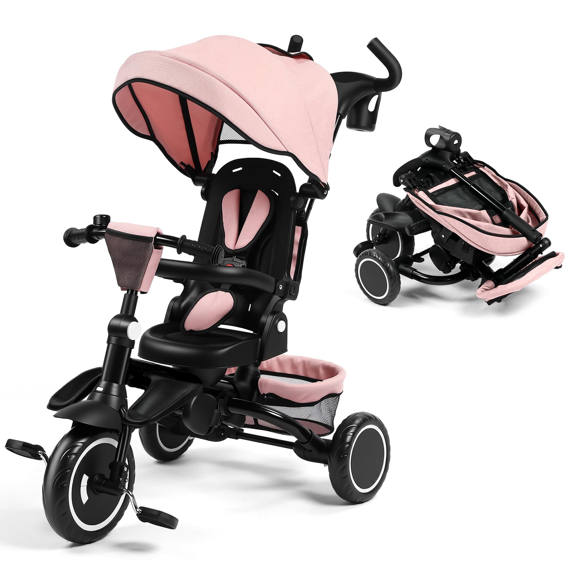 Kinder King 8 in 1 Kids Trike Toddlers Tricycle, Push Handle, 1-Step Brake | Foldable Toddler Tricycle, Rotatable Seat, Canopy, Bell, 5-Point Harness, Storage Bins, Dual Brake, Bike Tricycle Stoller Global Recycled Standard Global Recycled Standard Global Recycled Standard