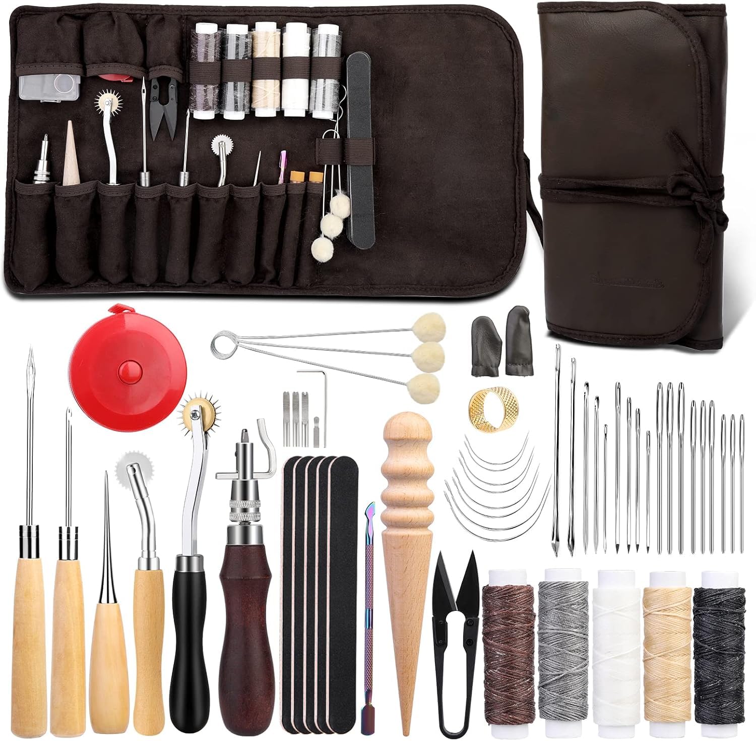 NAMOON 55 Pcs Leather Sewing Kit Leather Working Tools Set DIY Craft Tools with Wool Daubers, Sewing Awl, Stitching Groover, Waxed Thread, Upholstery Repair Kit for DIY Craft Making
