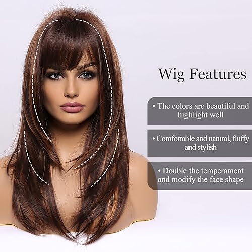 Miniatura 3 de HAIRCUBE - Pelucas de tono café para mujer, con fleco y reflejos, lacio y largo en capas, pelucas sintéticas y resistentes al calor