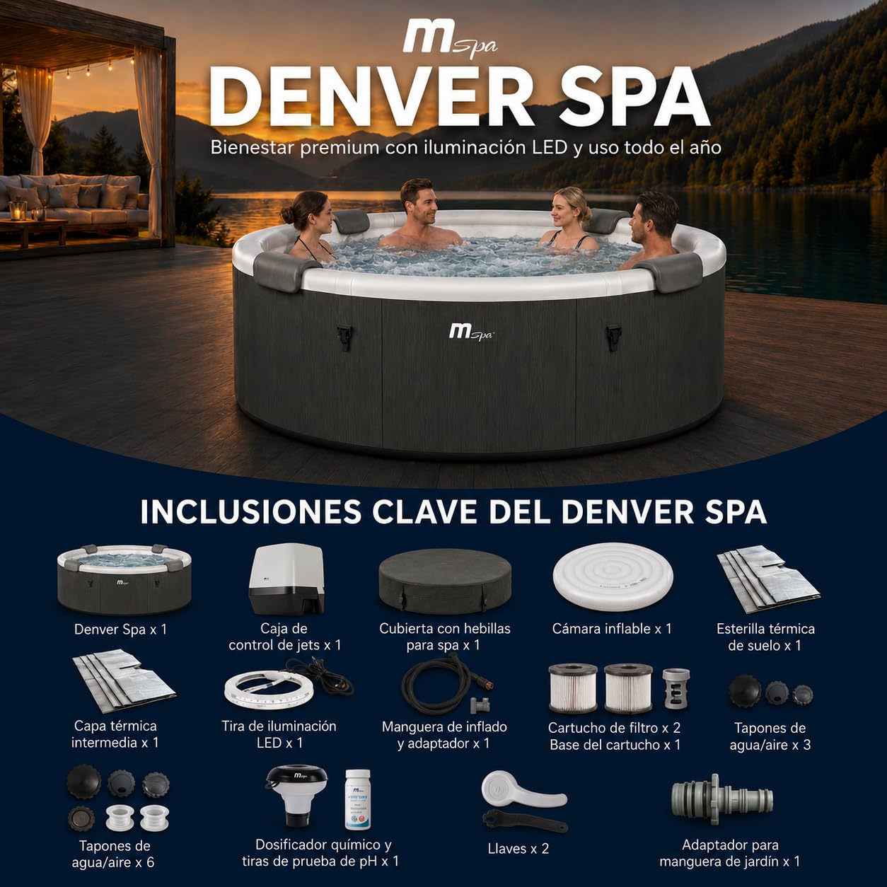 MSpa Denver SPA rígido Circular 4-6 Personas con Jets EcoPulse, Burbujas Air Jet, calefacción, LED, ozono y desinfección UVC+